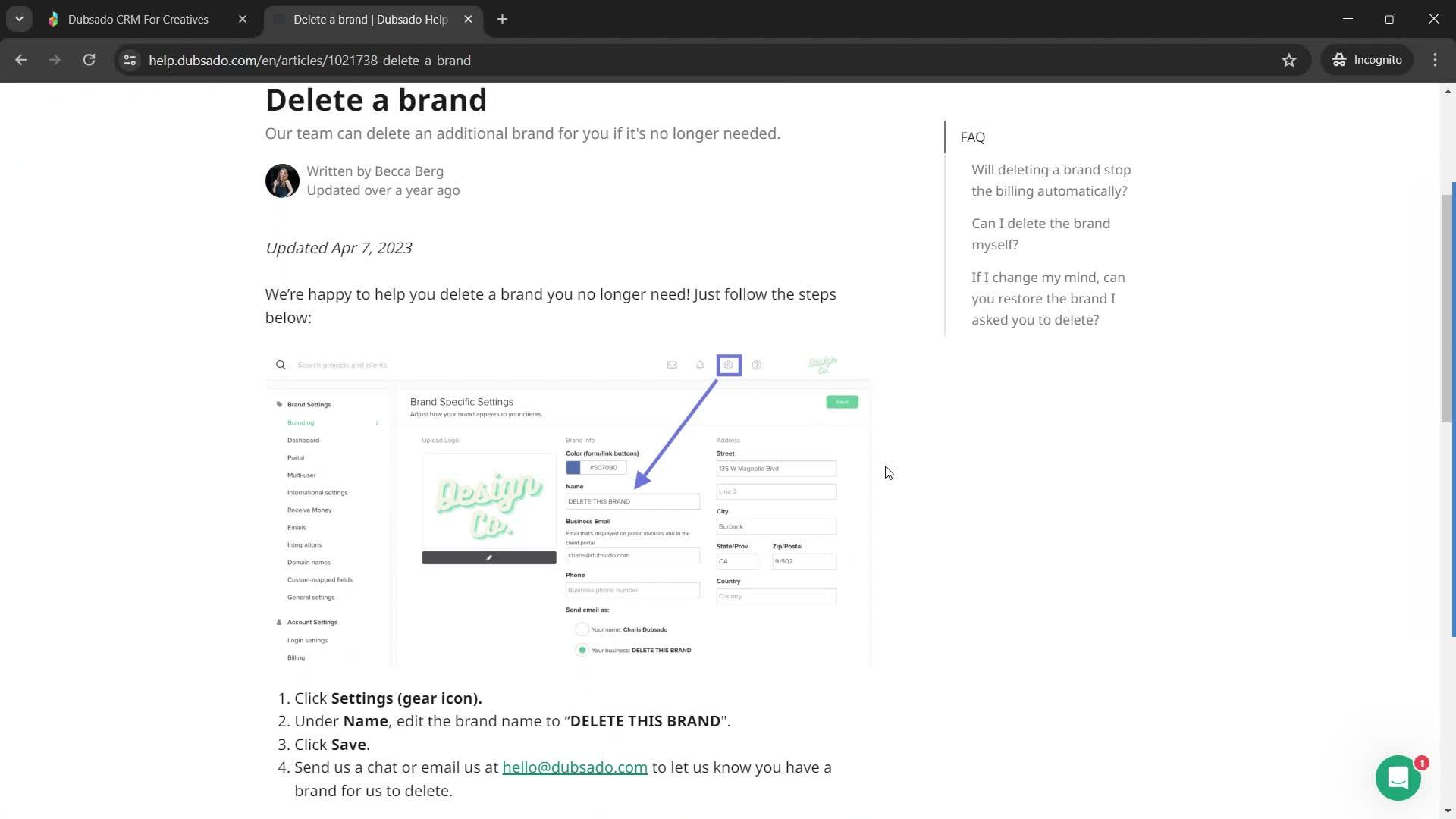 Help center screenshot