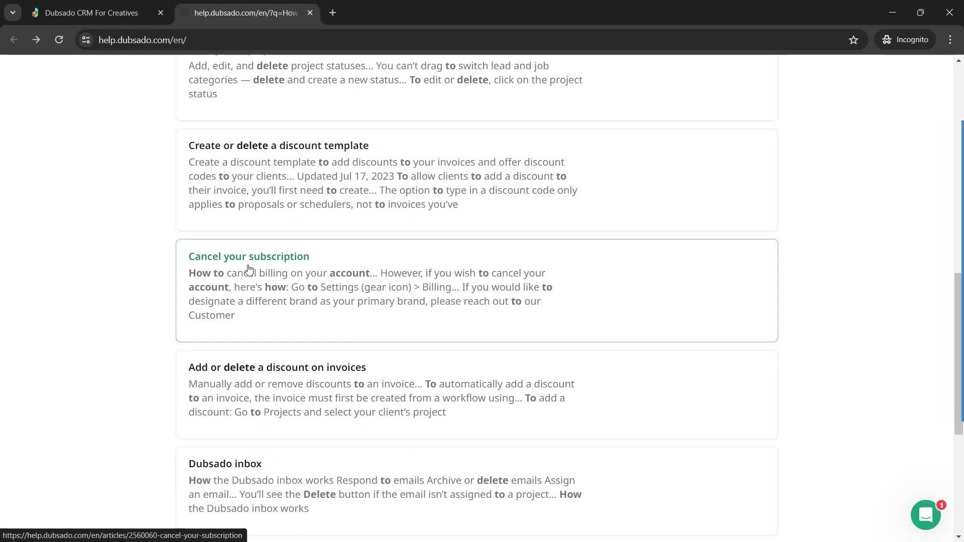 Help center screenshot