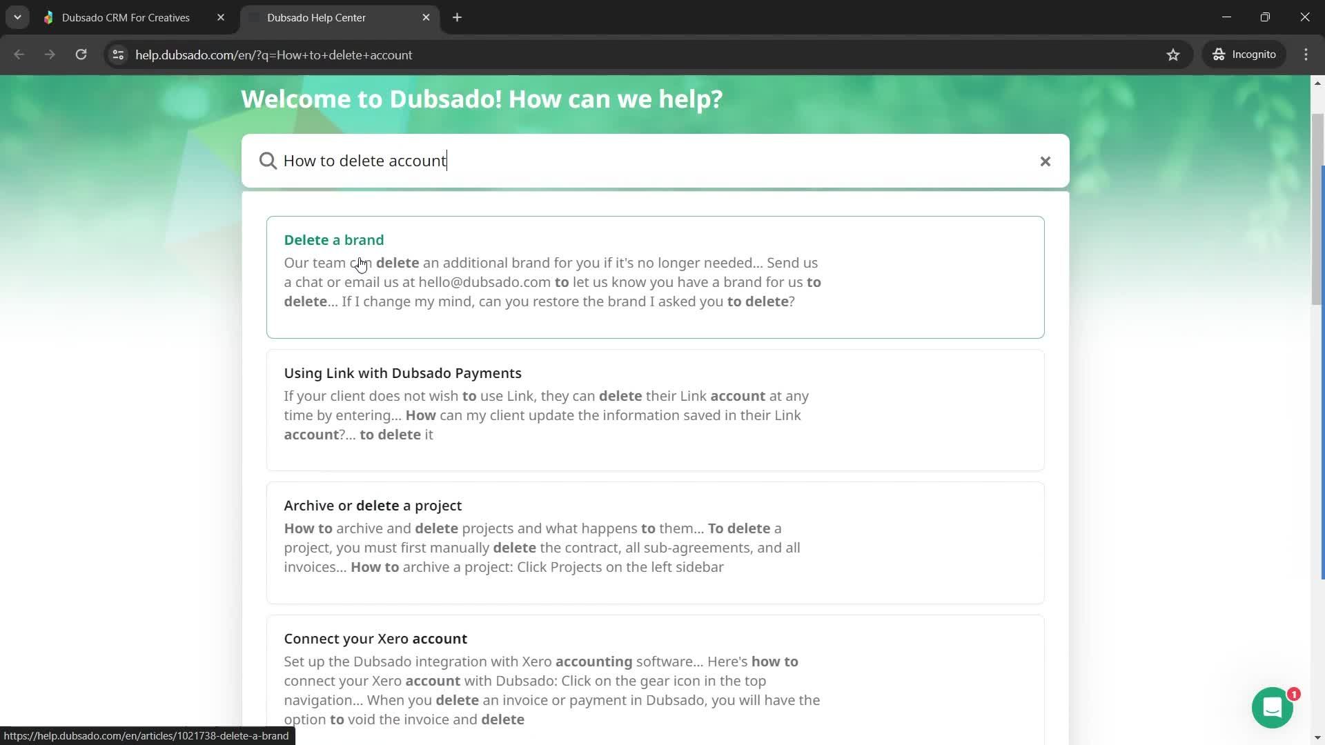 Help center screenshot