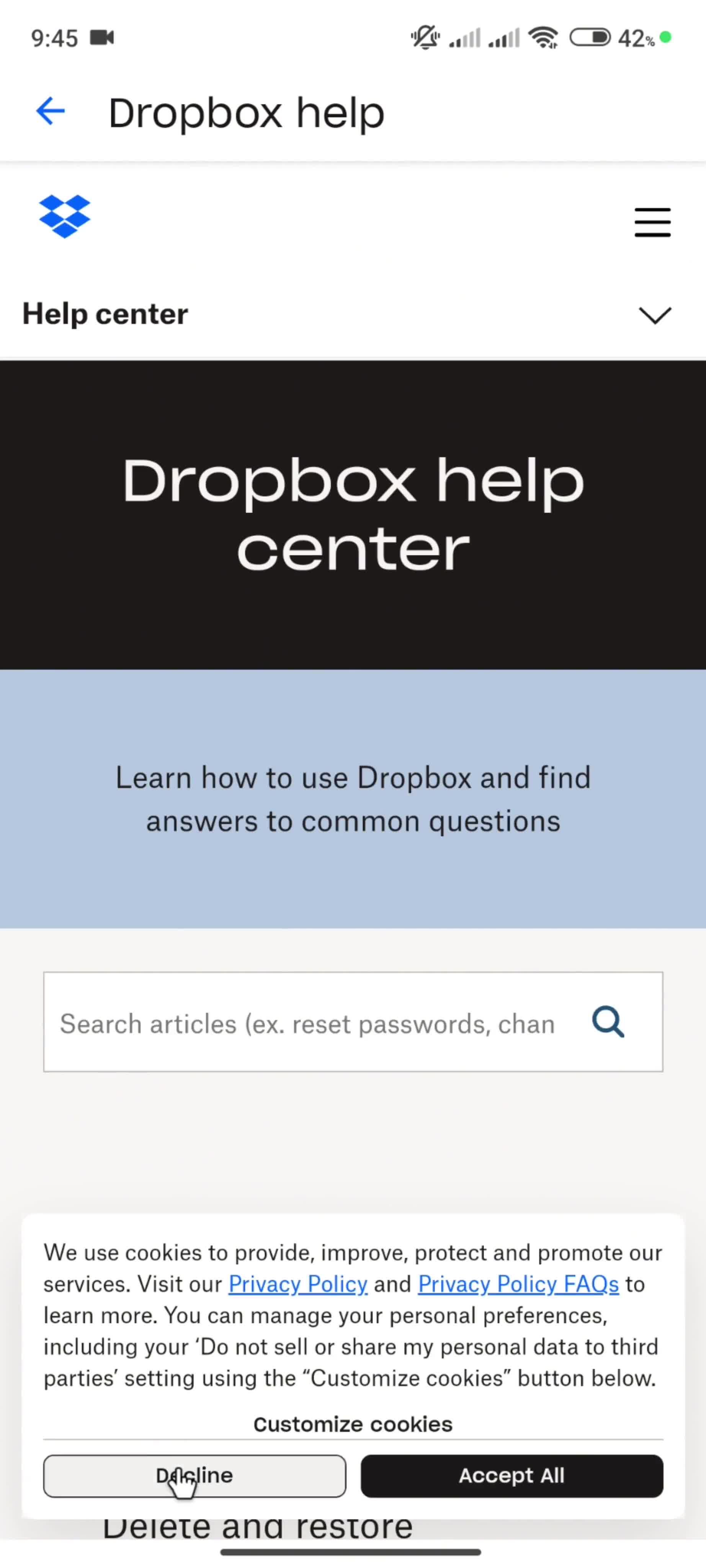 Help center screenshot
