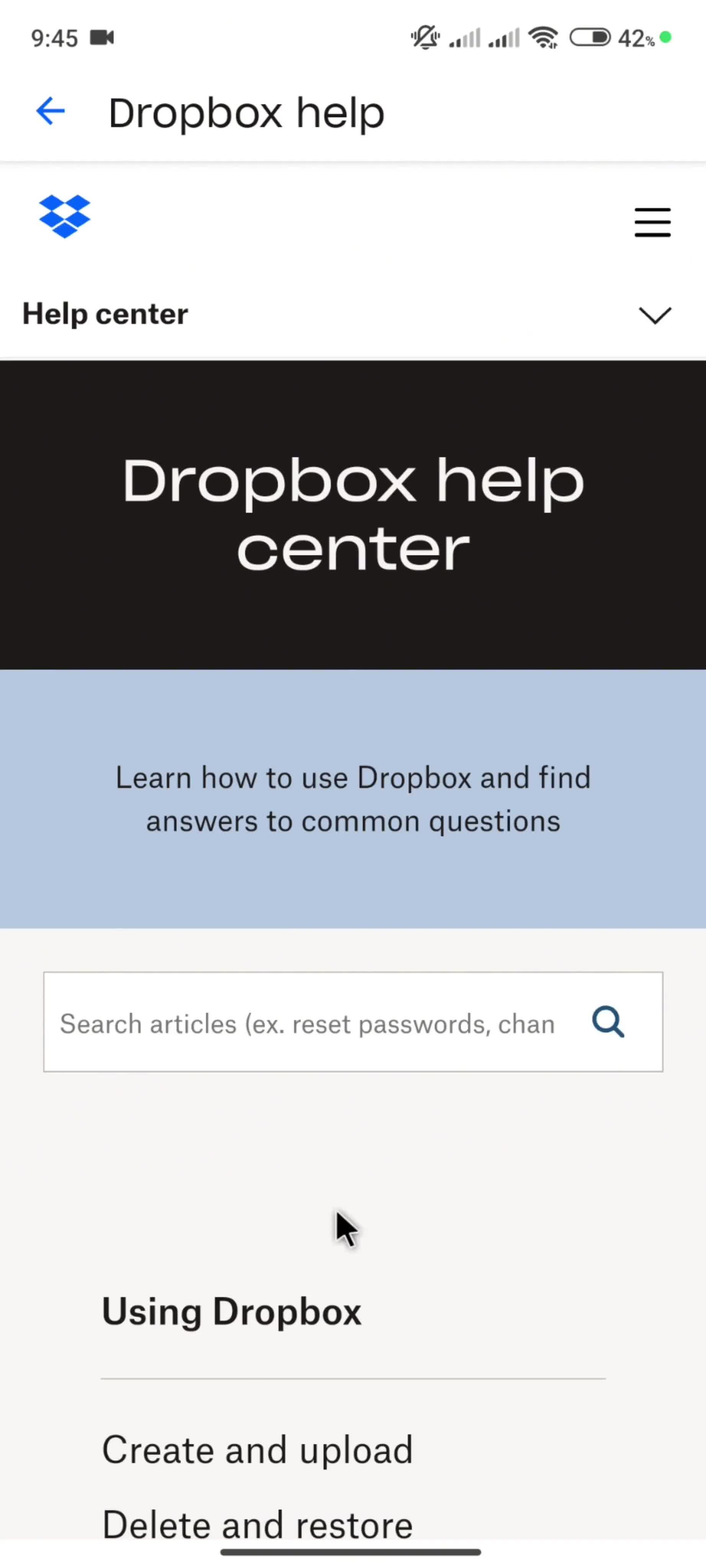 Help center screenshot