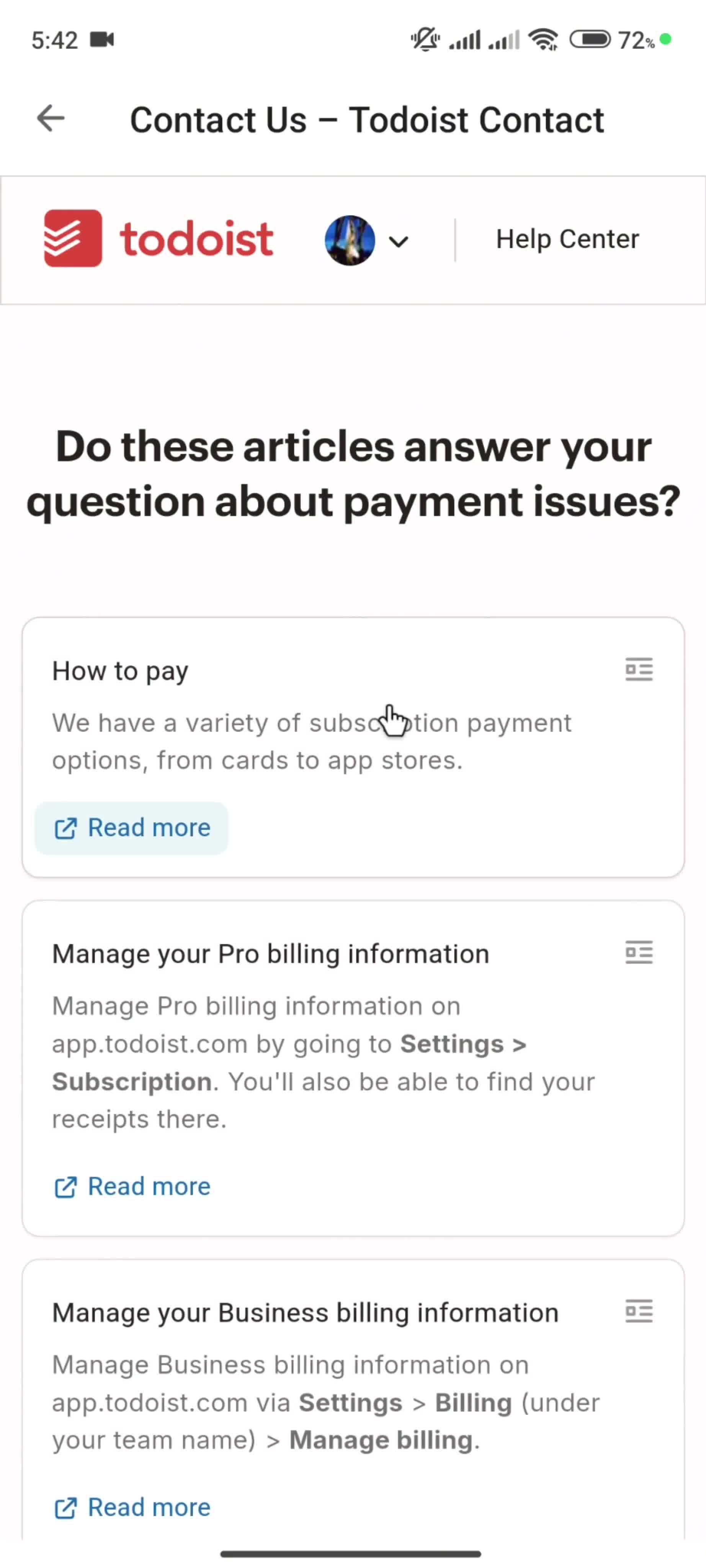 Help center screenshot