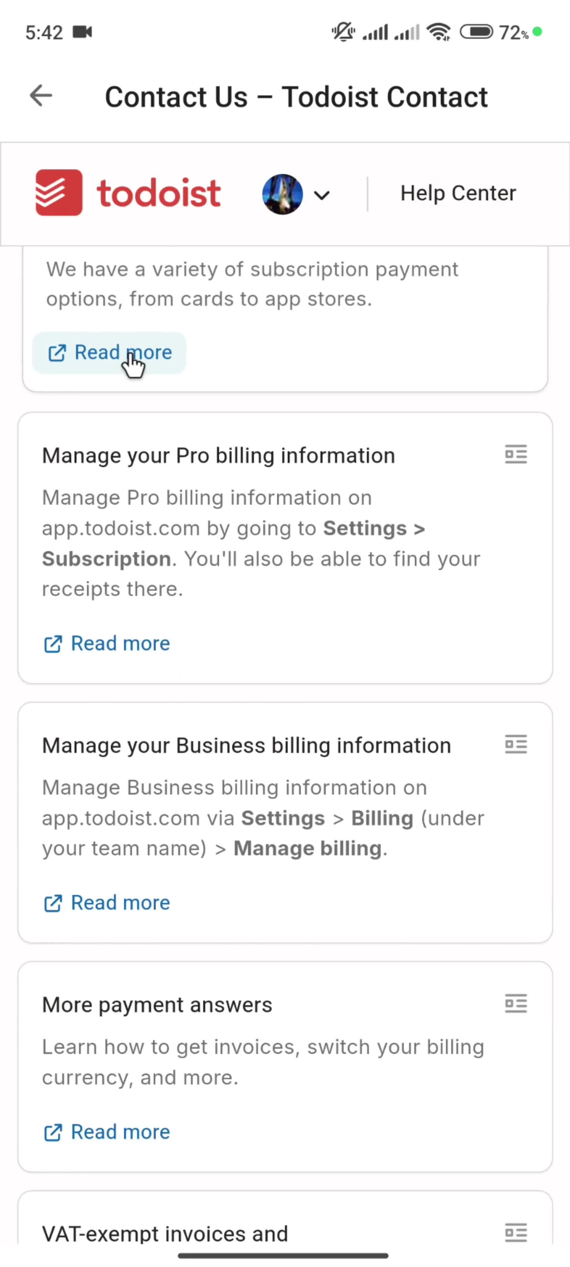 Help center screenshot