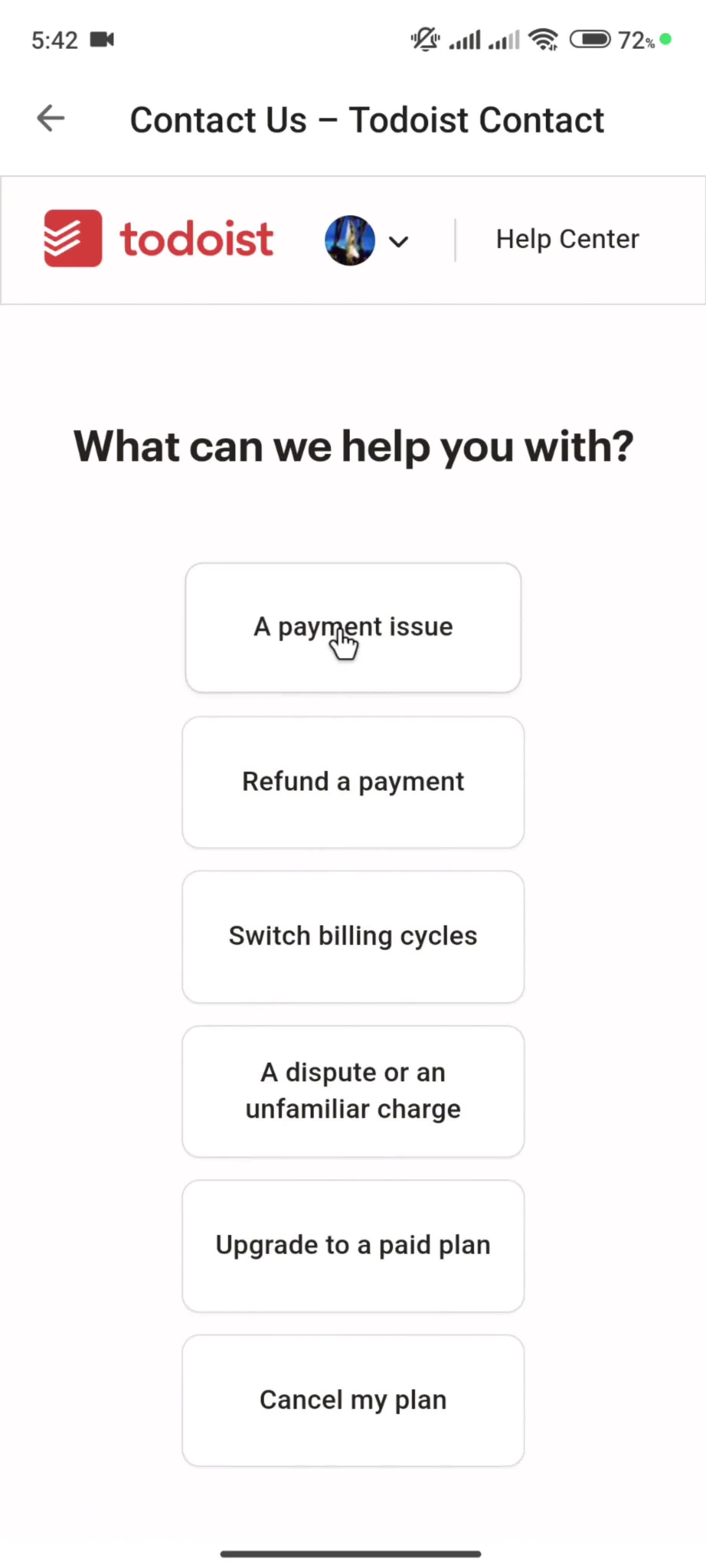 Help center screenshot