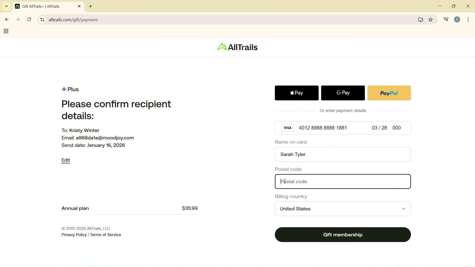 Buying a gift card screenshot