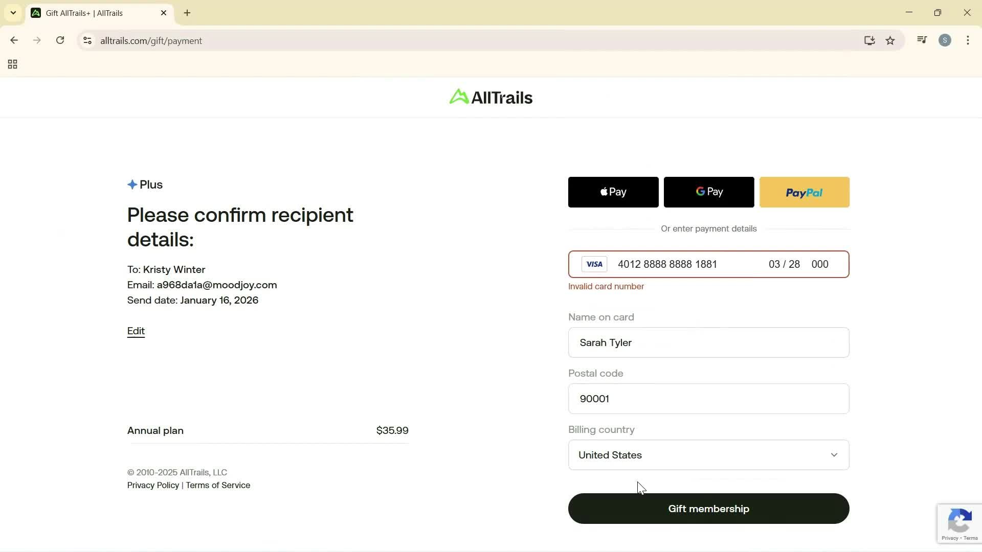 Buying a gift card screenshot