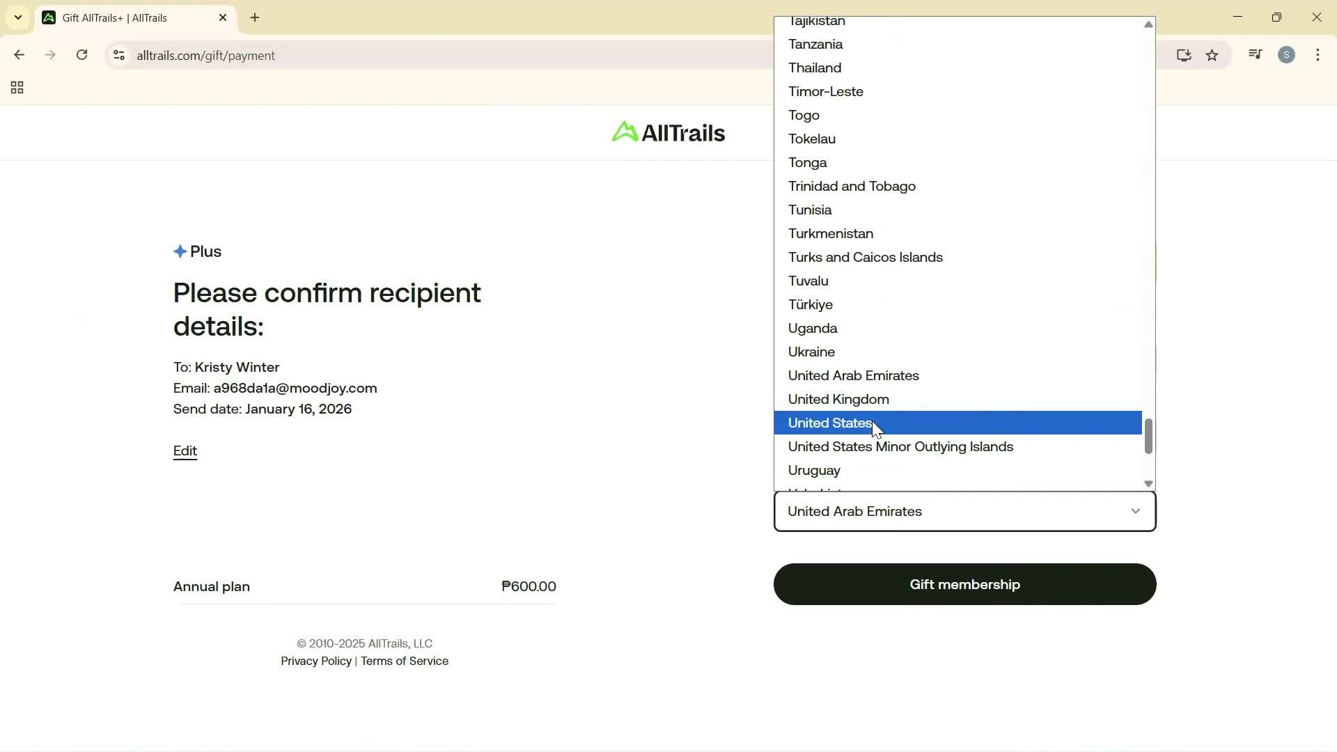 Buying a gift card screenshot