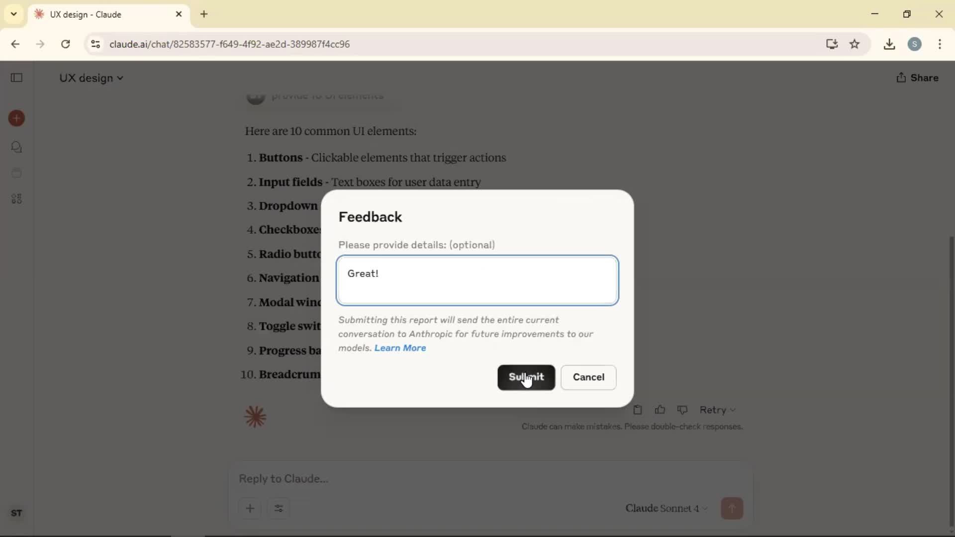 Giving feedback screenshot