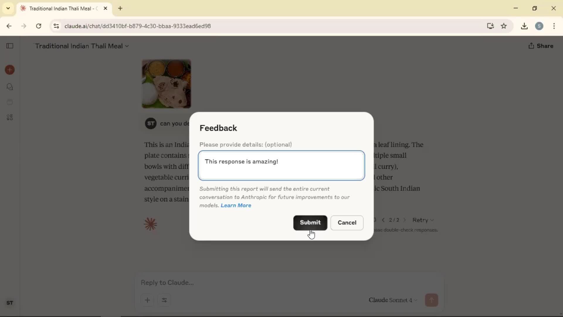 Giving feedback screenshot