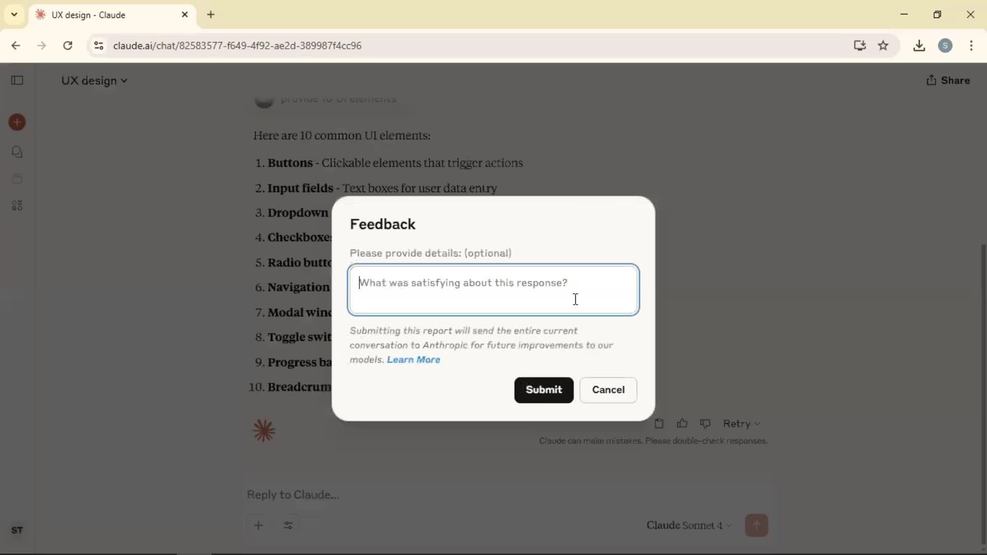 Giving feedback screenshot
