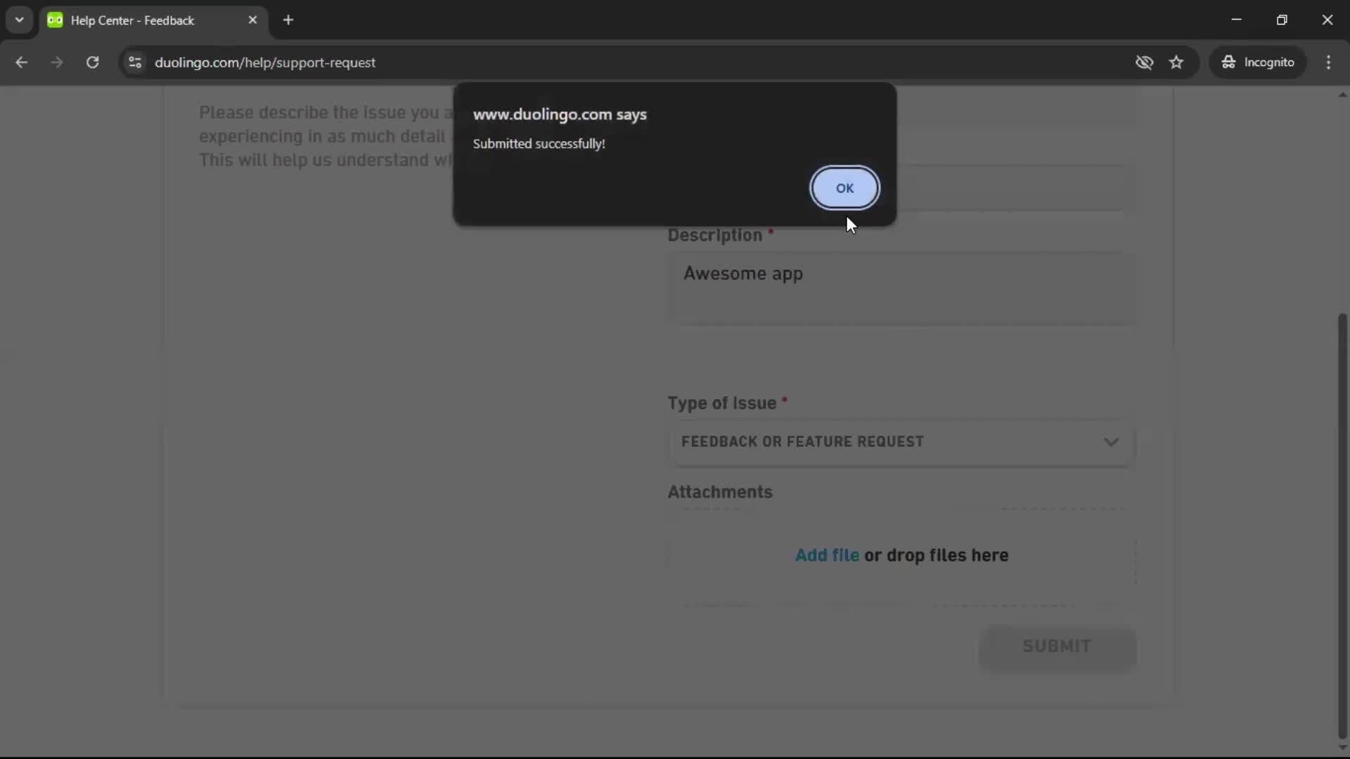 Giving feedback screenshot