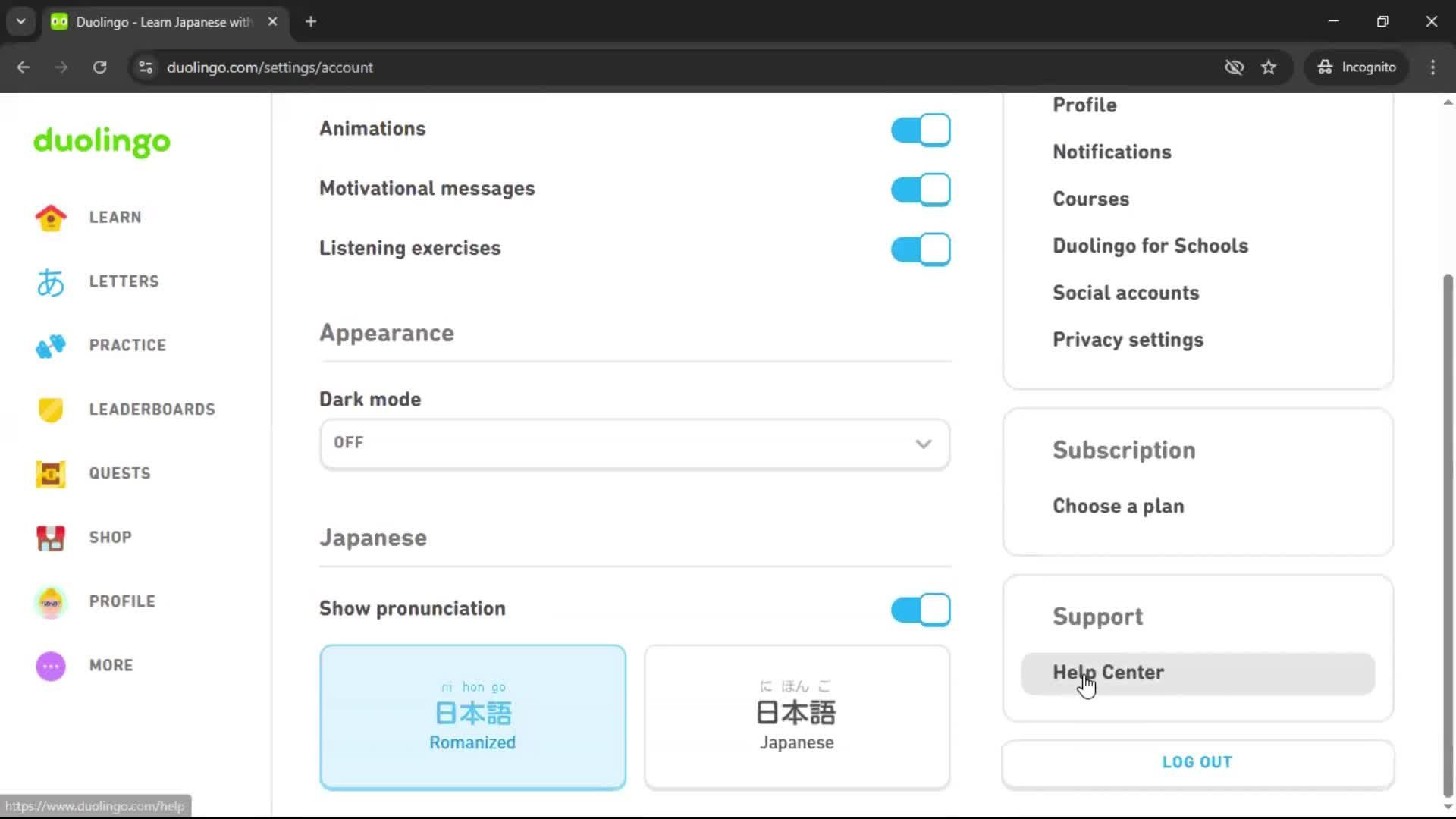 Giving feedback screenshot
