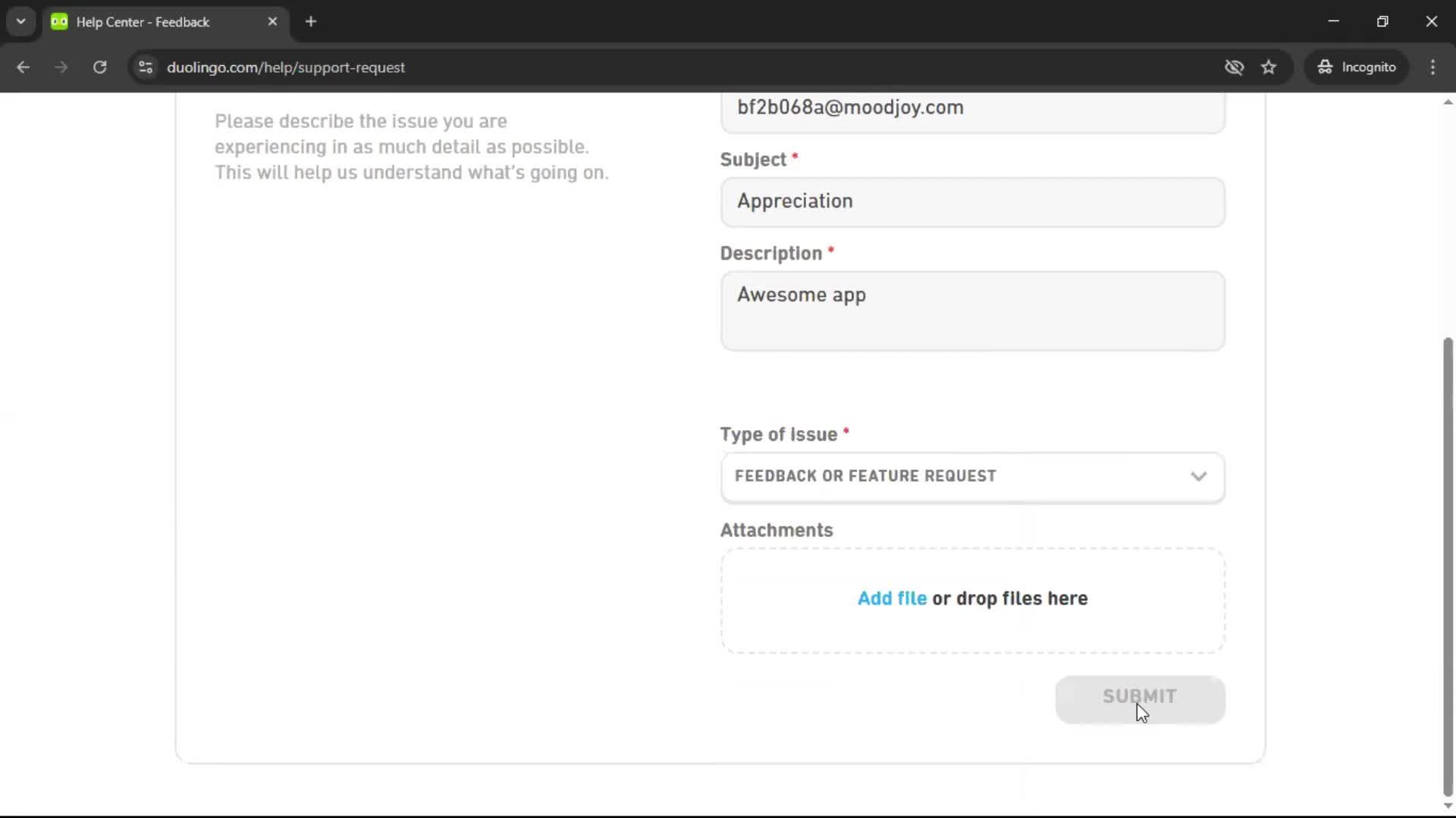 Giving feedback screenshot
