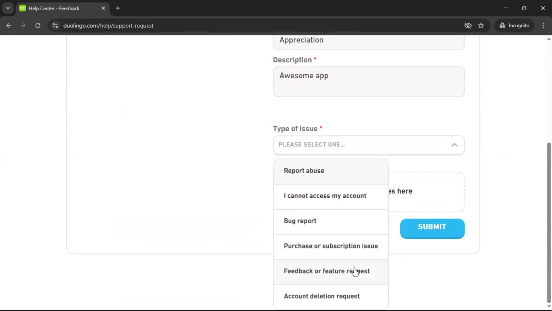 Giving feedback screenshot