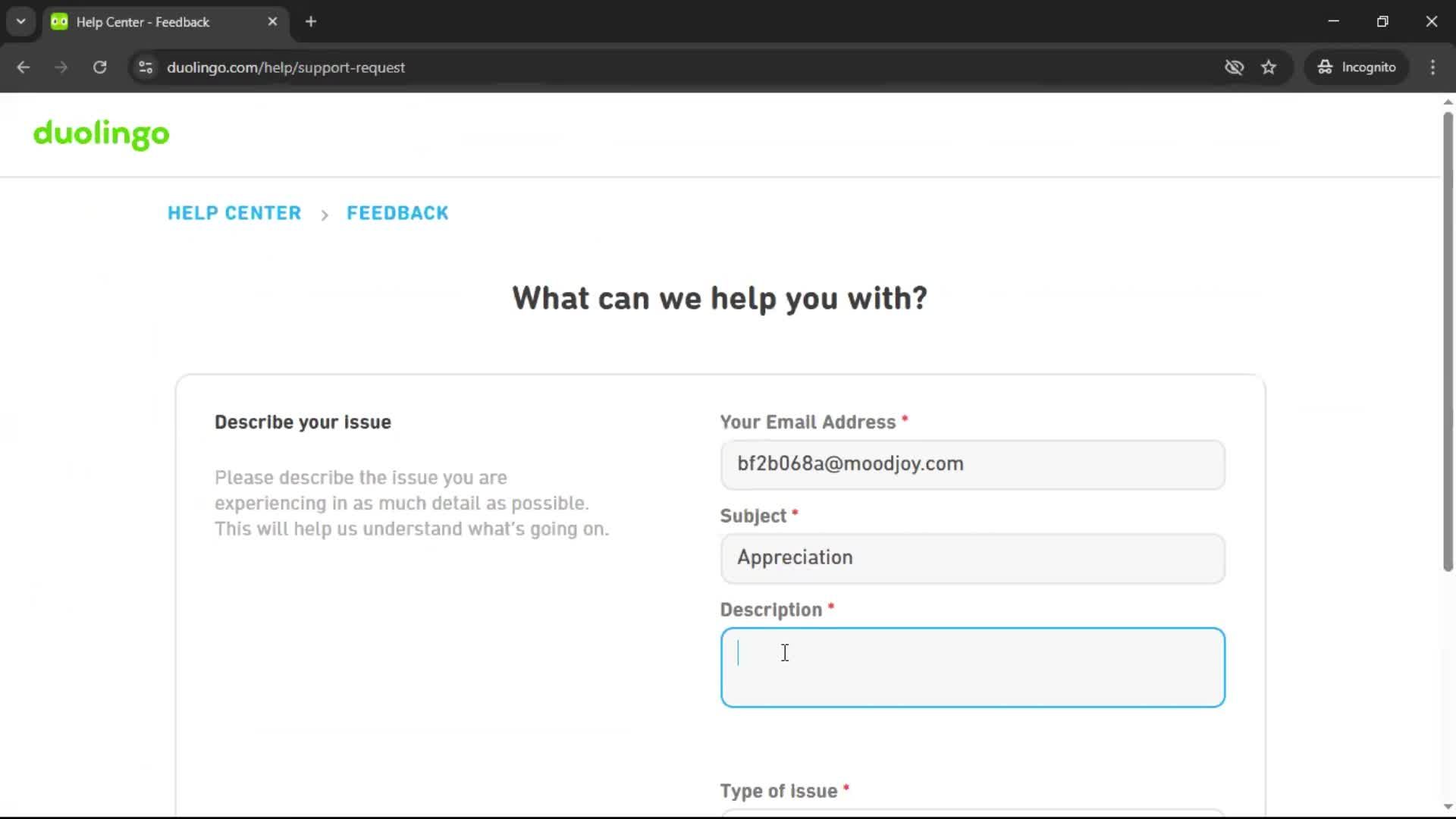 Giving feedback screenshot