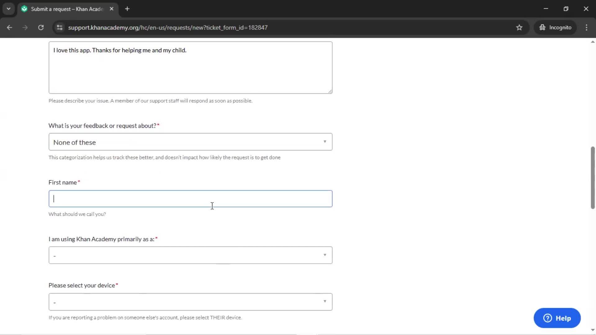 Giving feedback screenshot