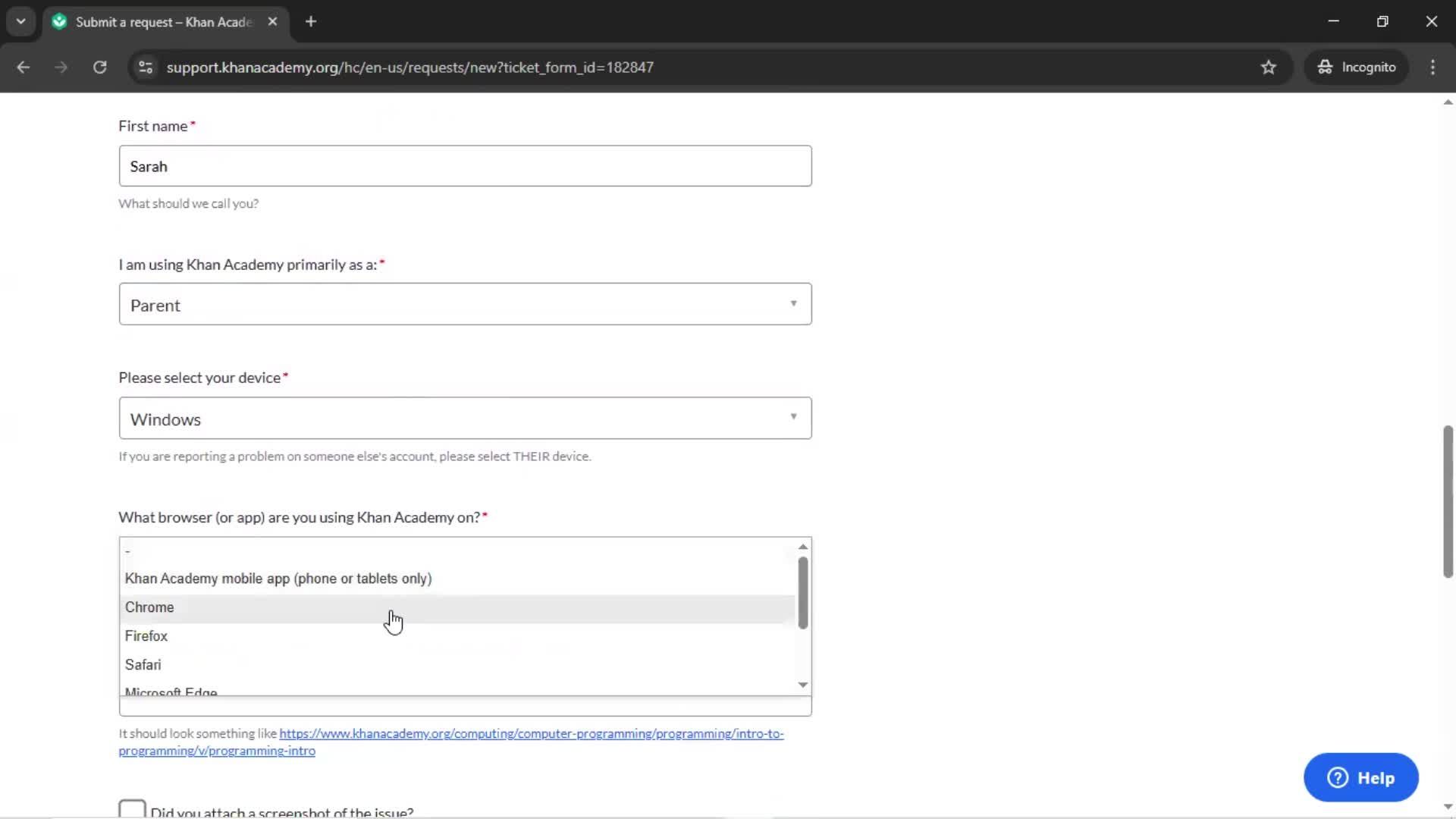 Giving feedback screenshot