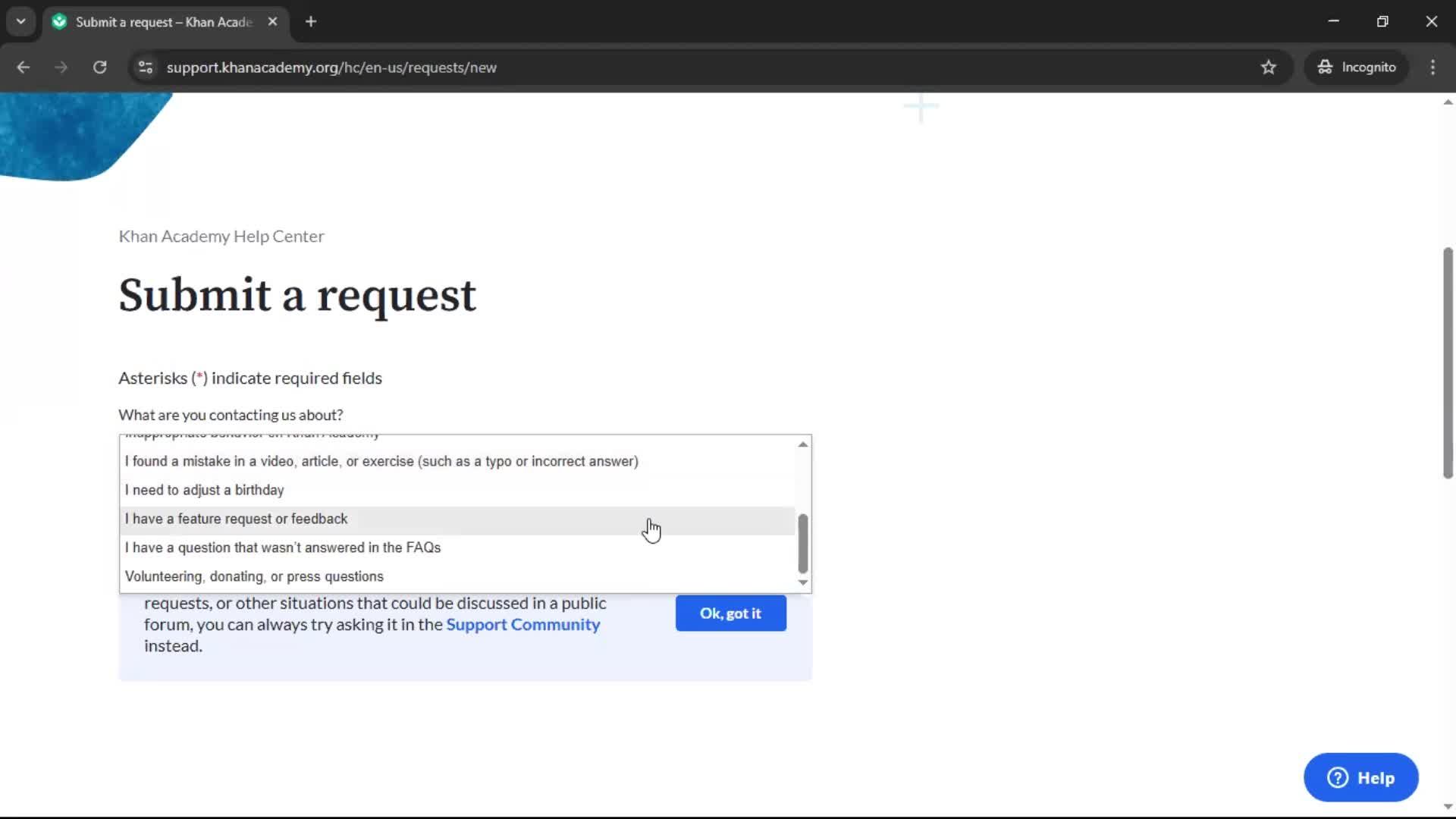 Giving feedback screenshot