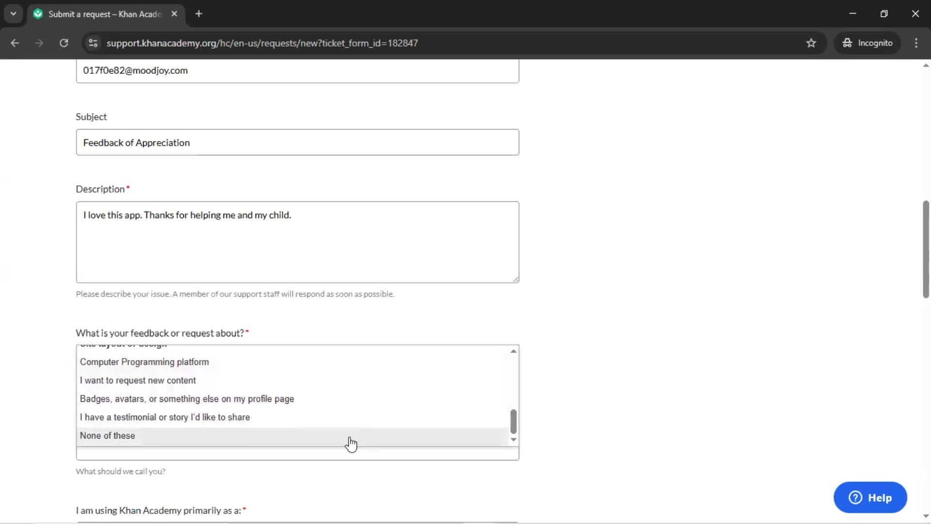 Giving feedback screenshot