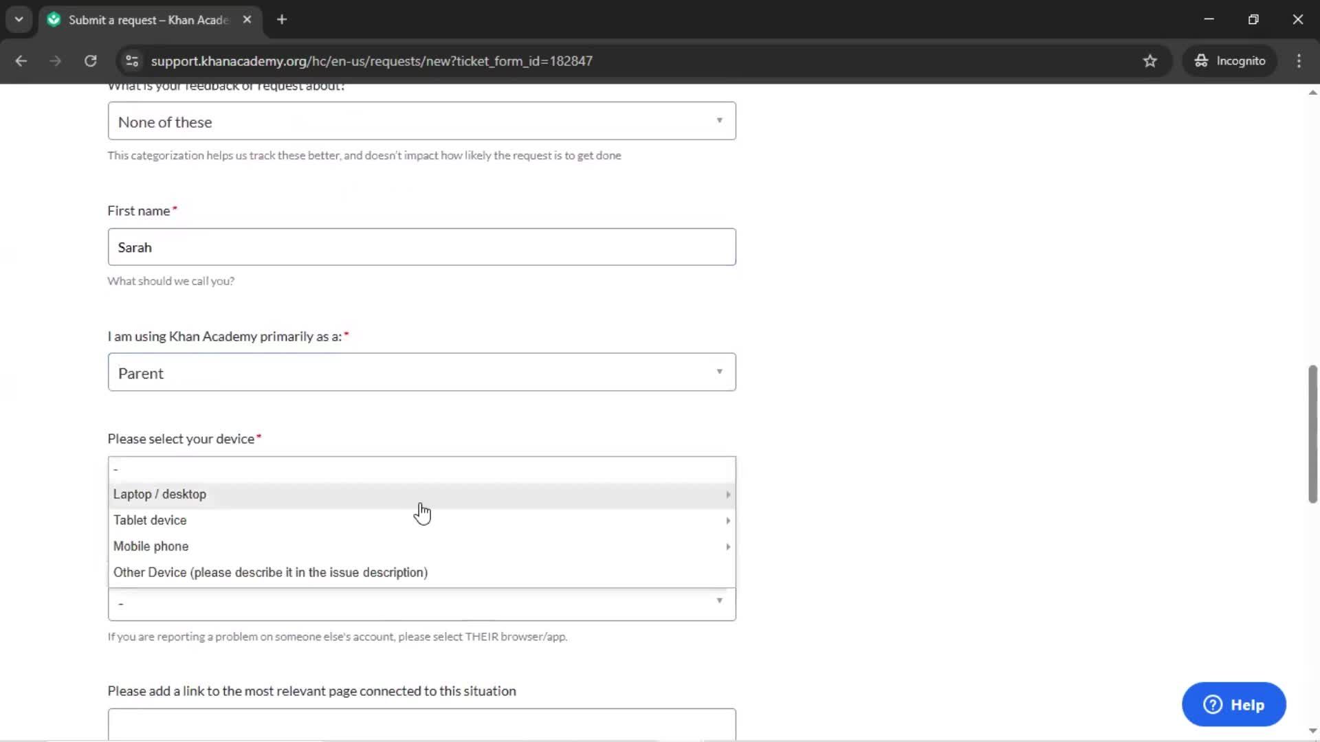 Giving feedback screenshot