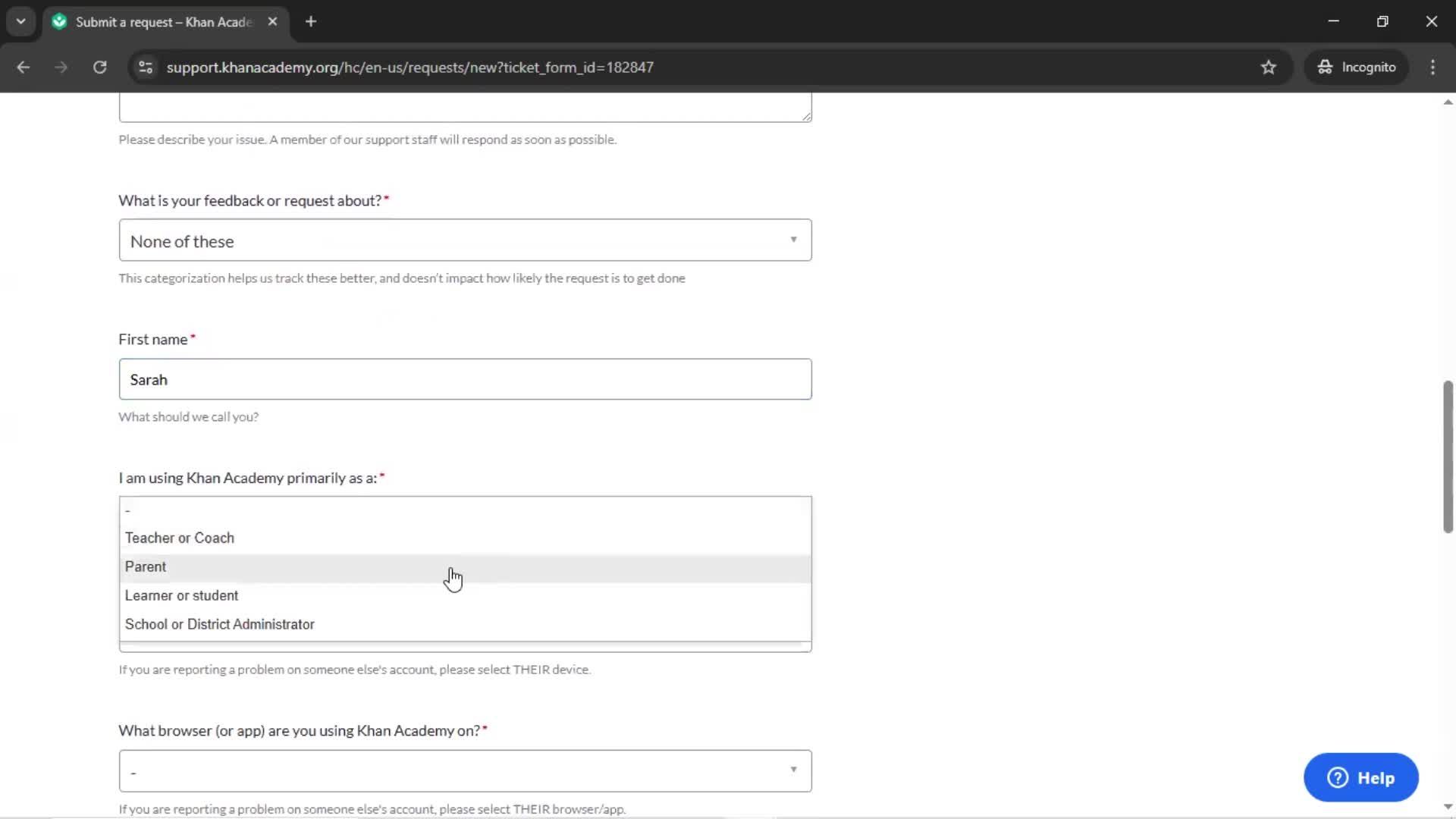 Giving feedback screenshot