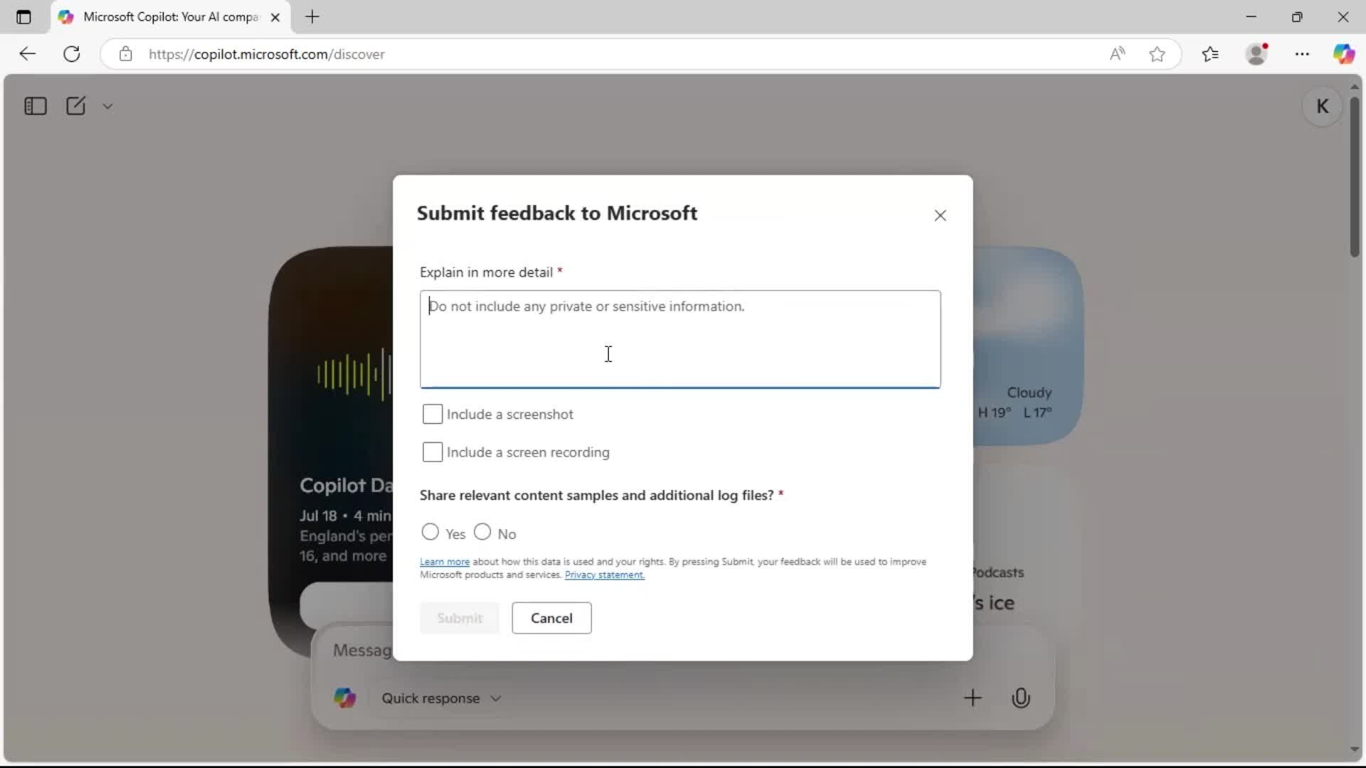 Giving feedback screenshot