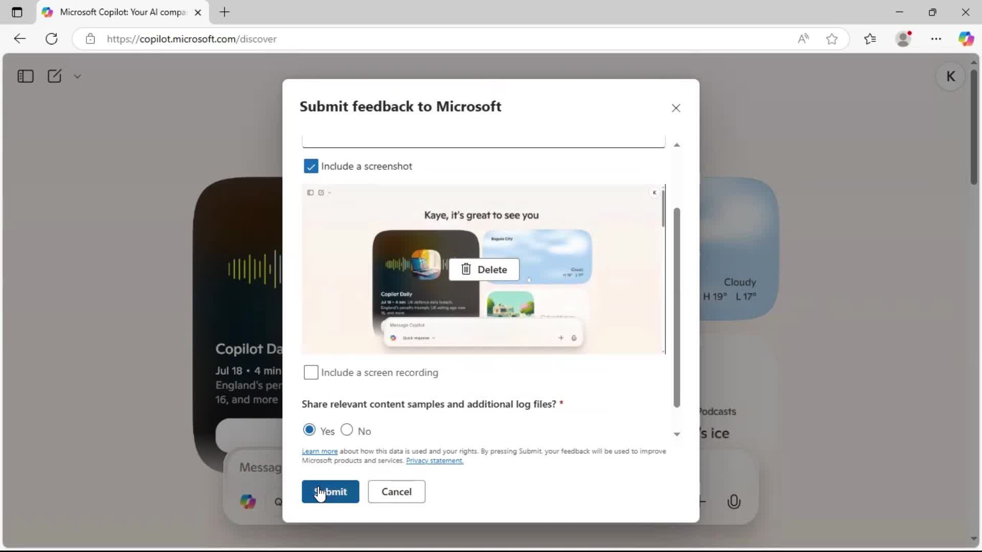 Giving feedback screenshot
