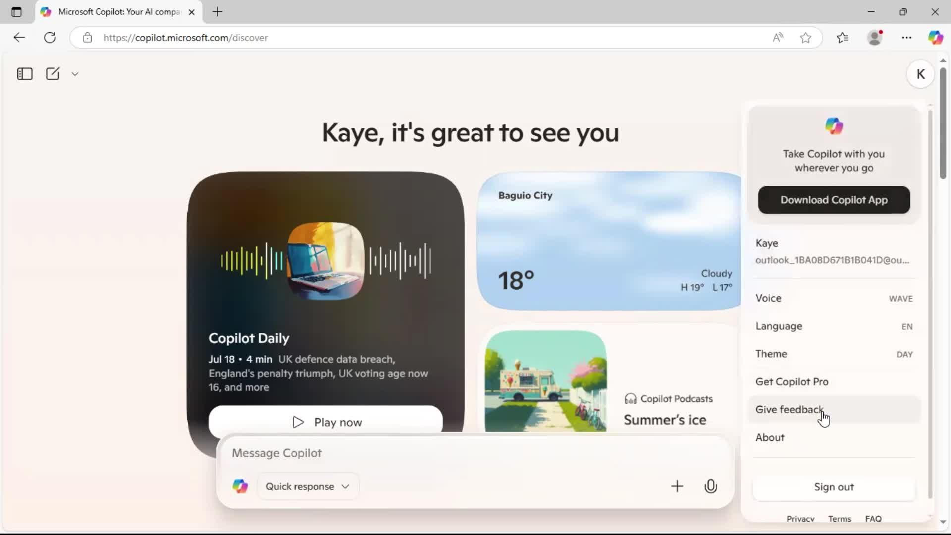 Giving feedback screenshot