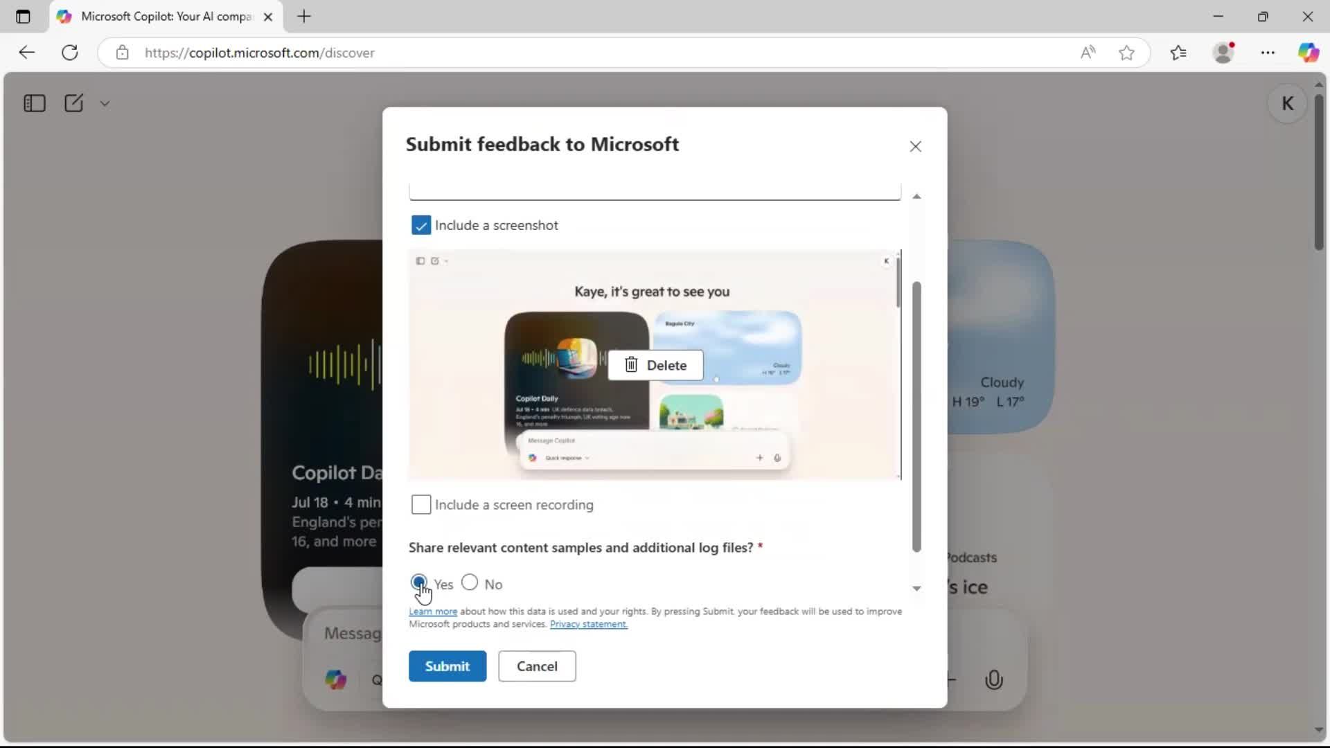 Giving feedback screenshot