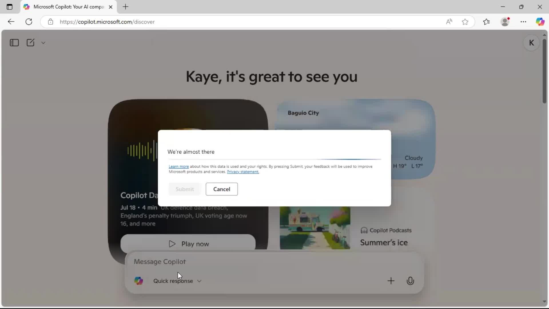 Giving feedback screenshot