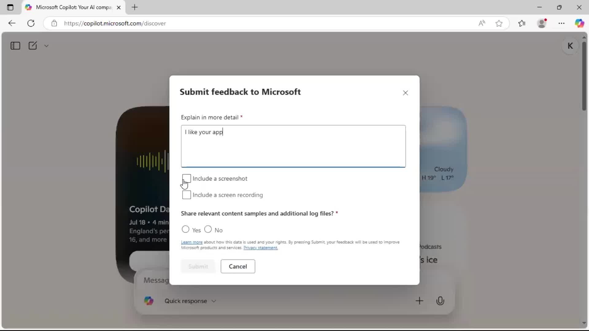 Giving feedback screenshot