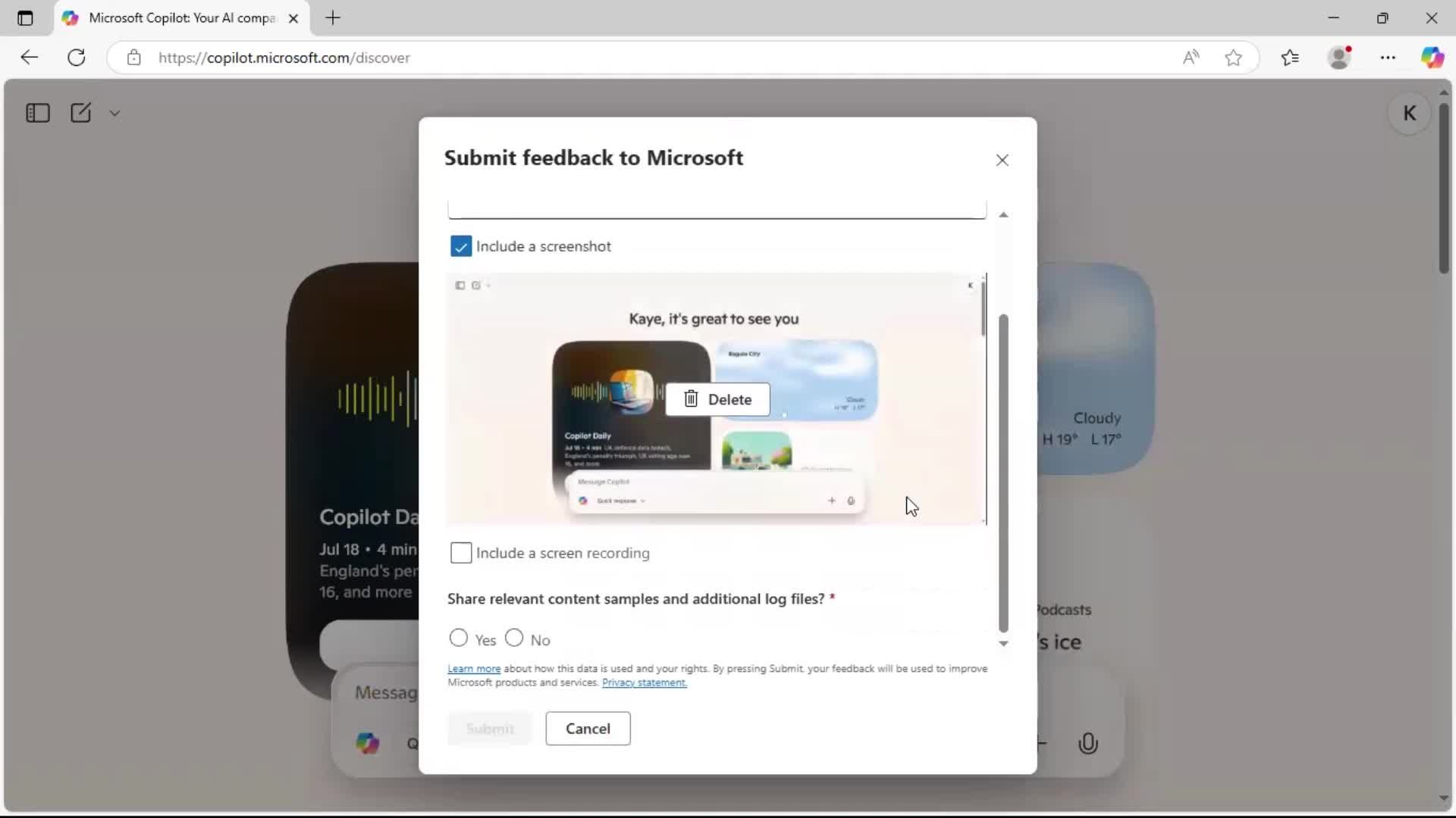Giving feedback screenshot