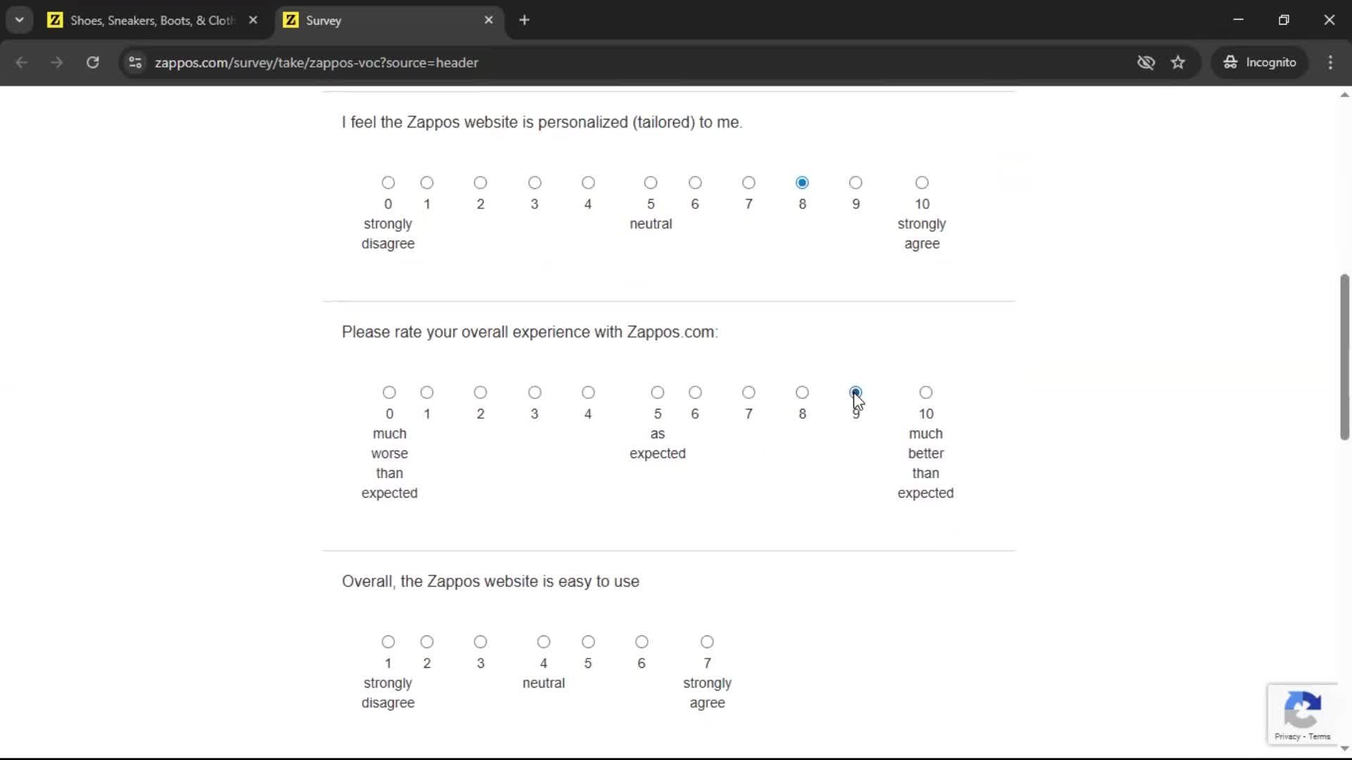 Giving feedback screenshot