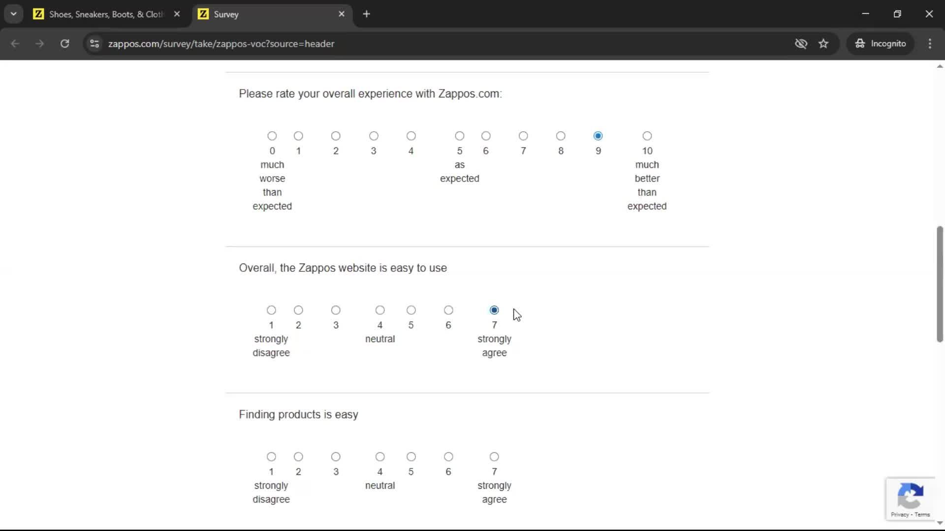 Giving feedback screenshot