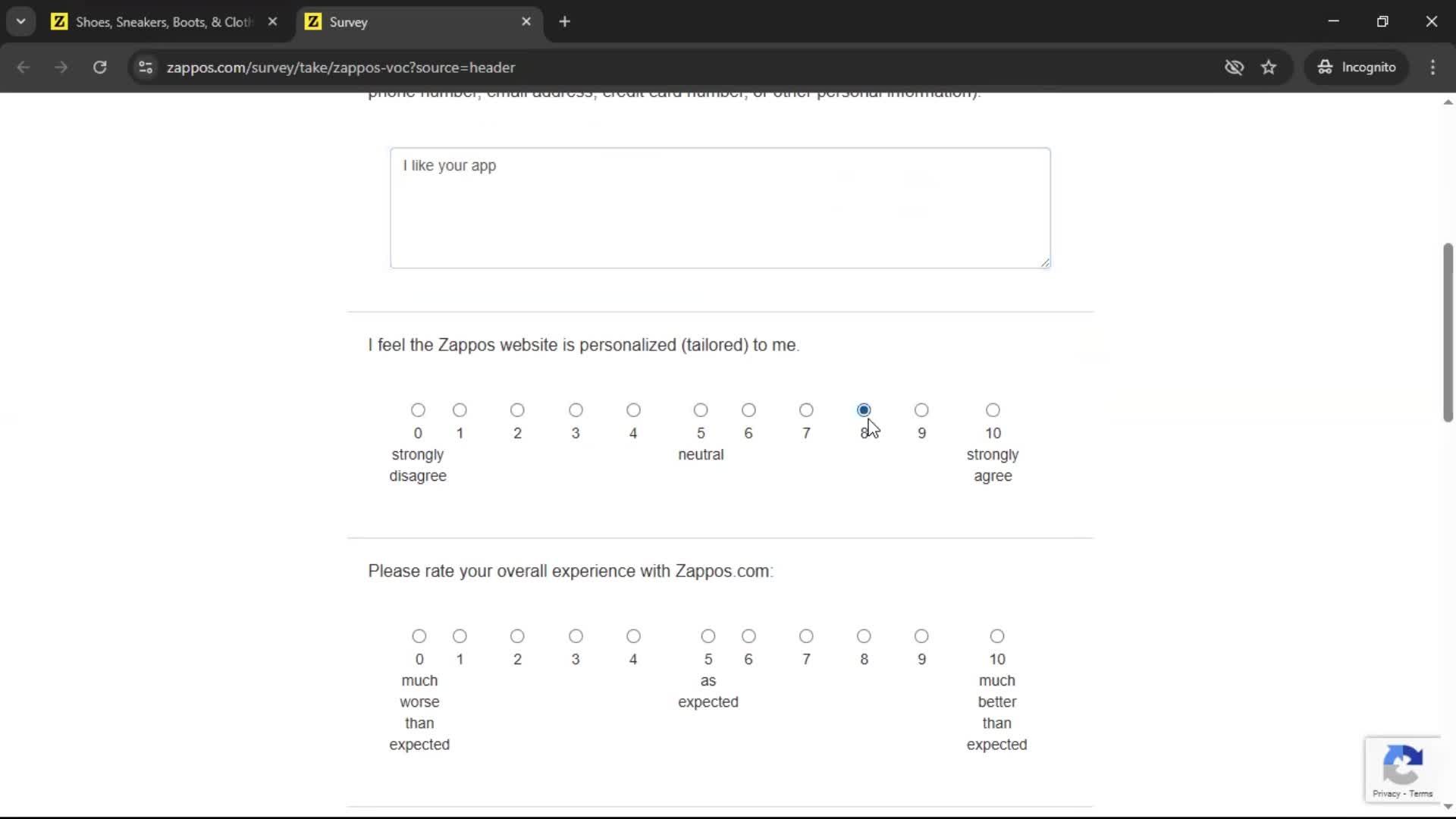 Giving feedback screenshot