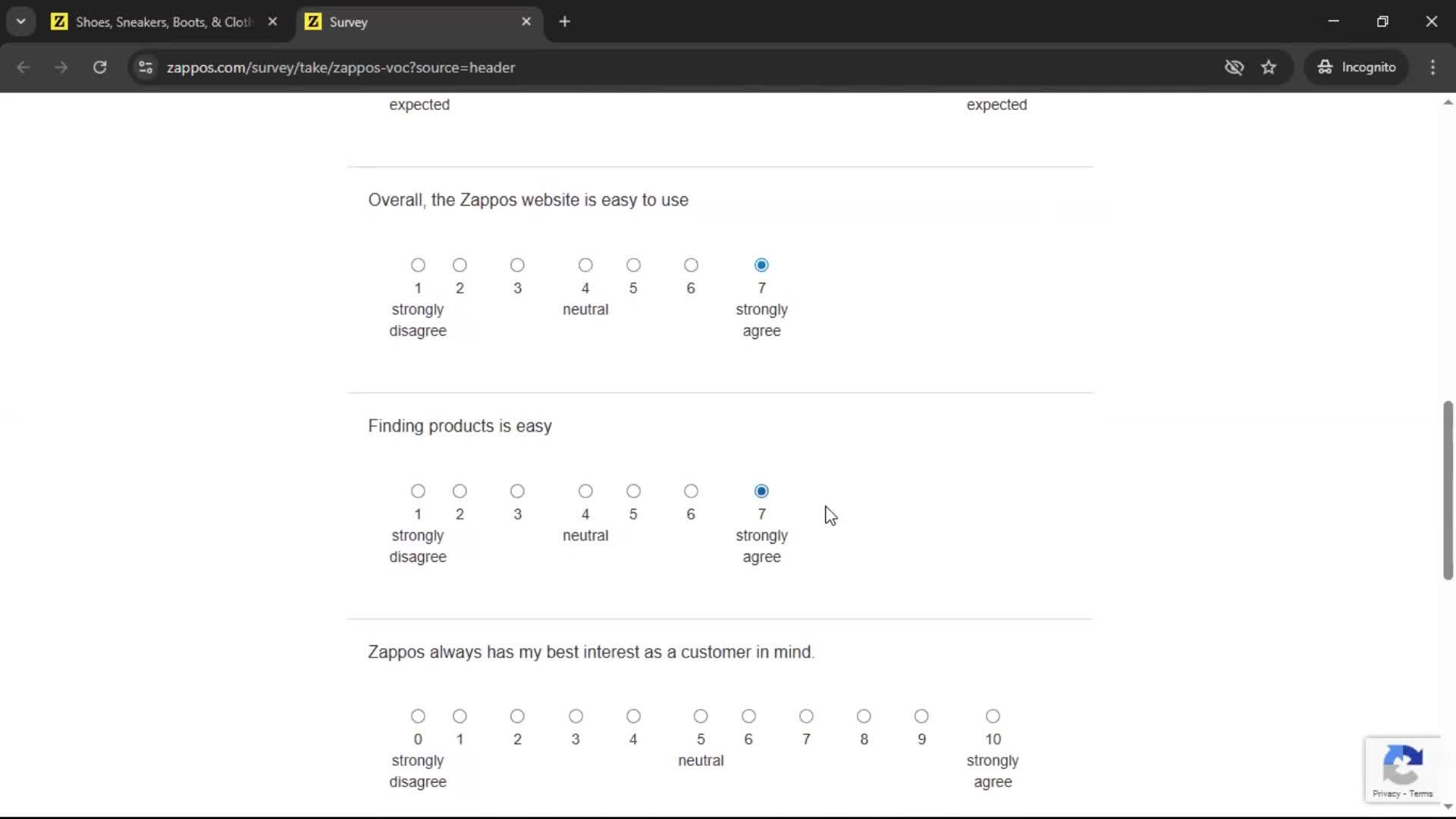Giving feedback screenshot