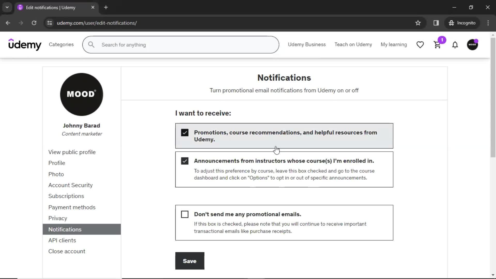 Settings on Udemy video thumbnail