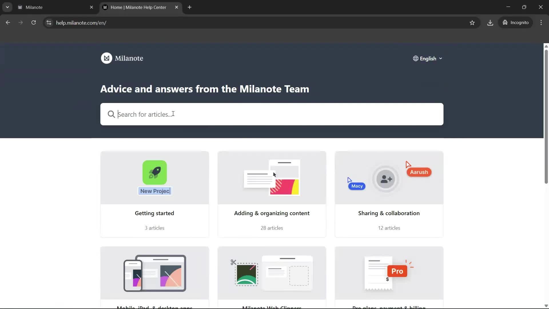 Help center screenshot