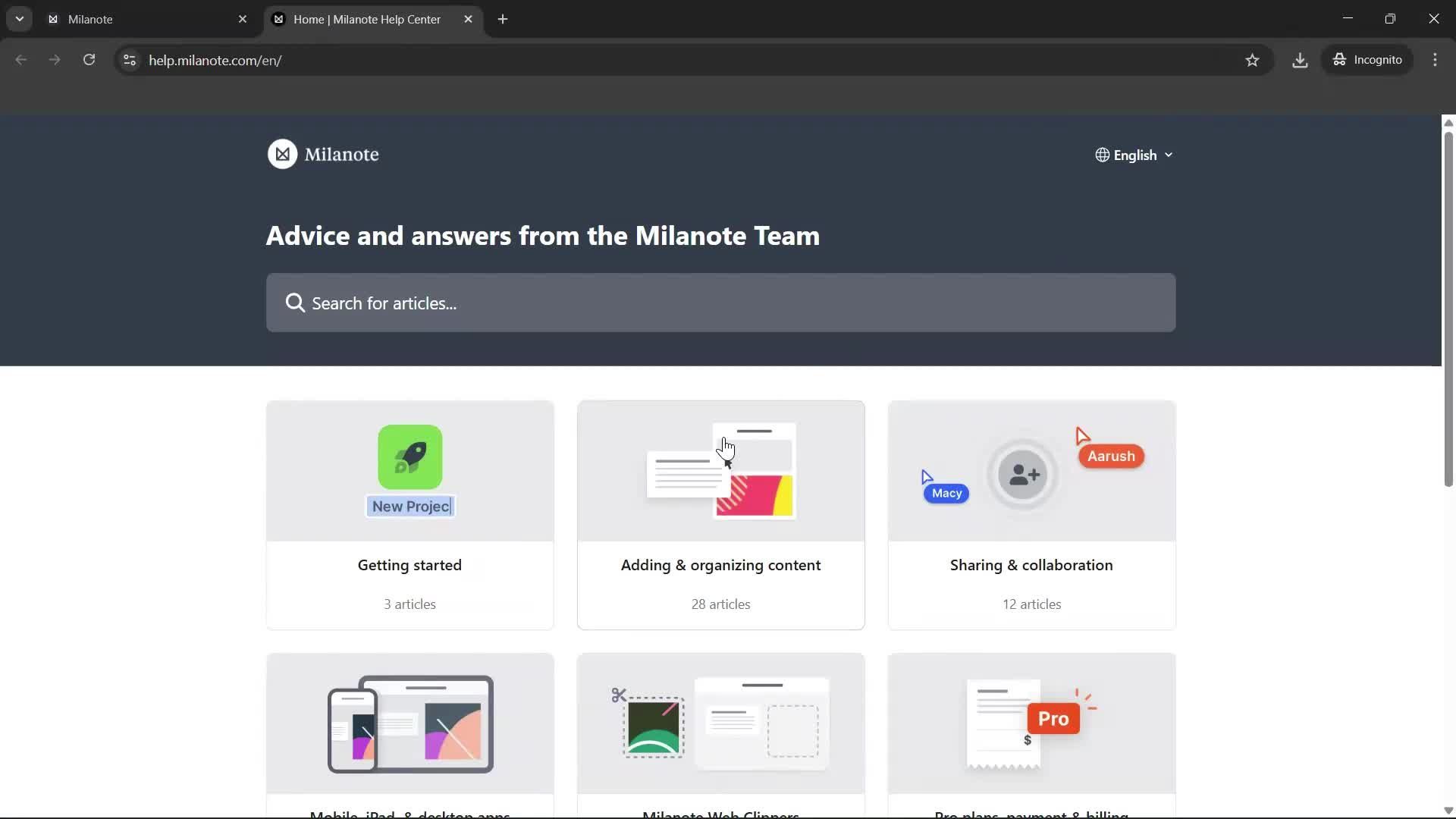 Help center screenshot