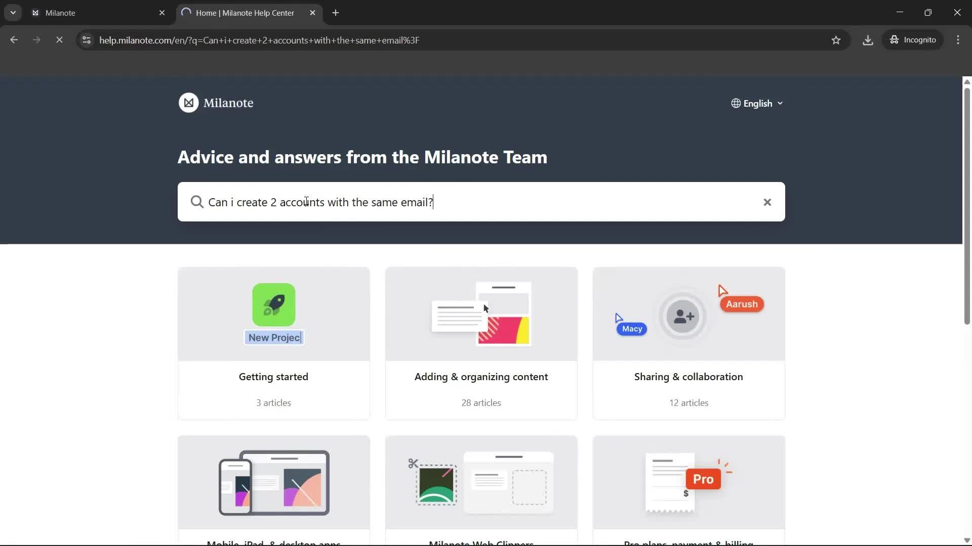 Help center screenshot