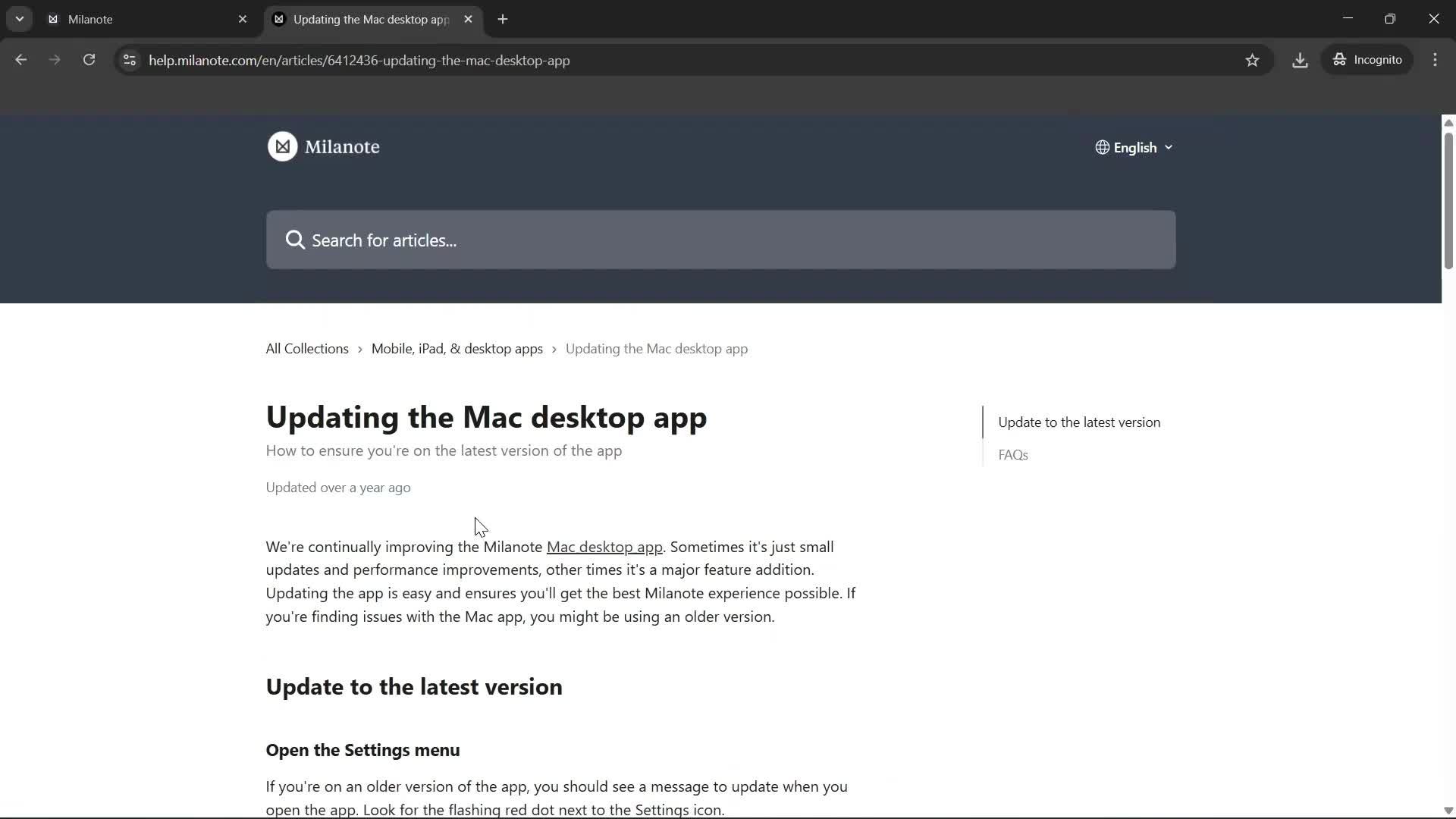 Help center screenshot