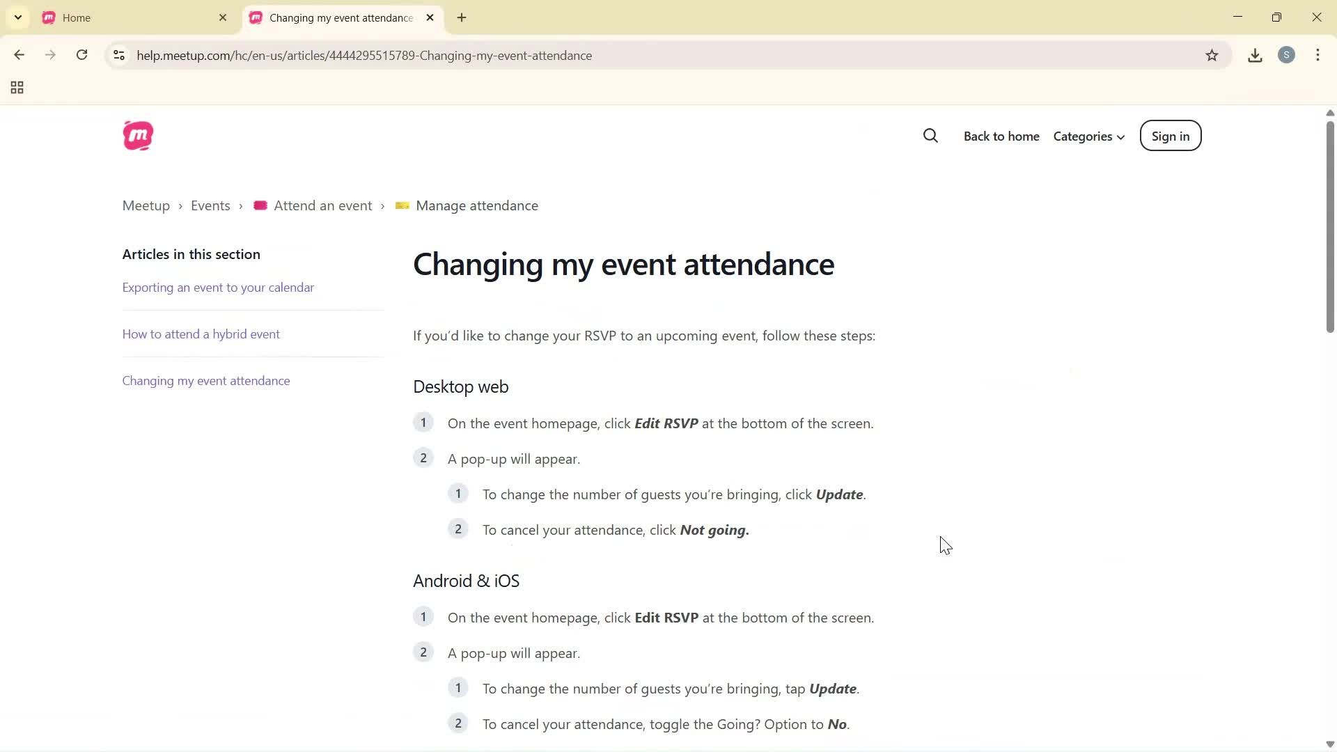 Help center screenshot