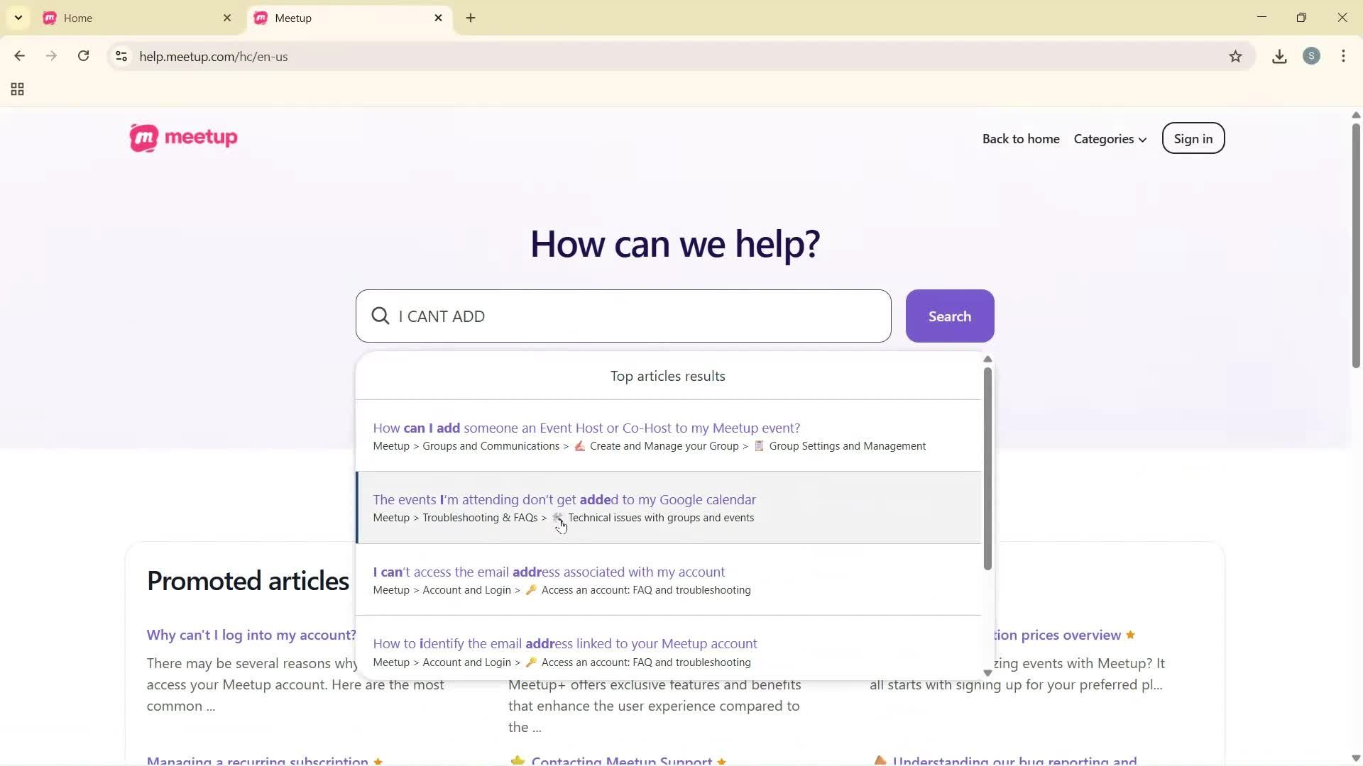 Help center screenshot