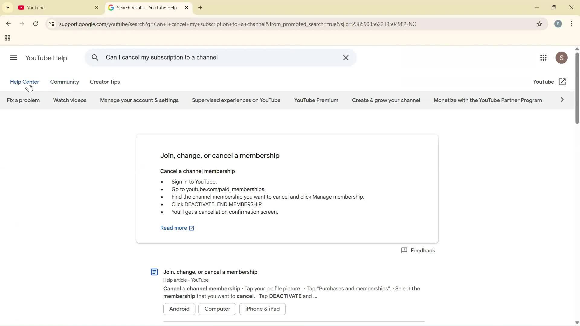 Help center screenshot