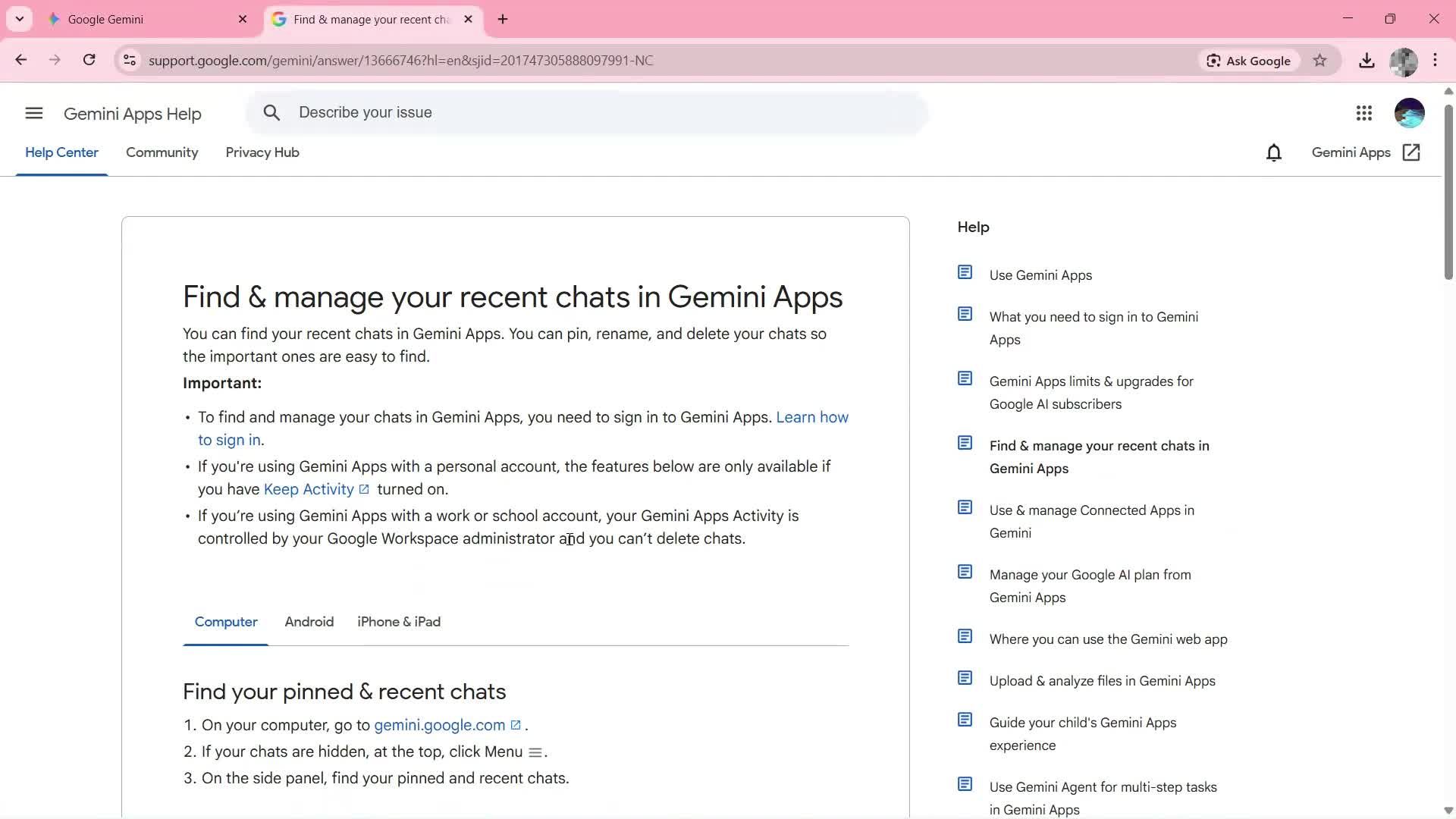 Help center screenshot