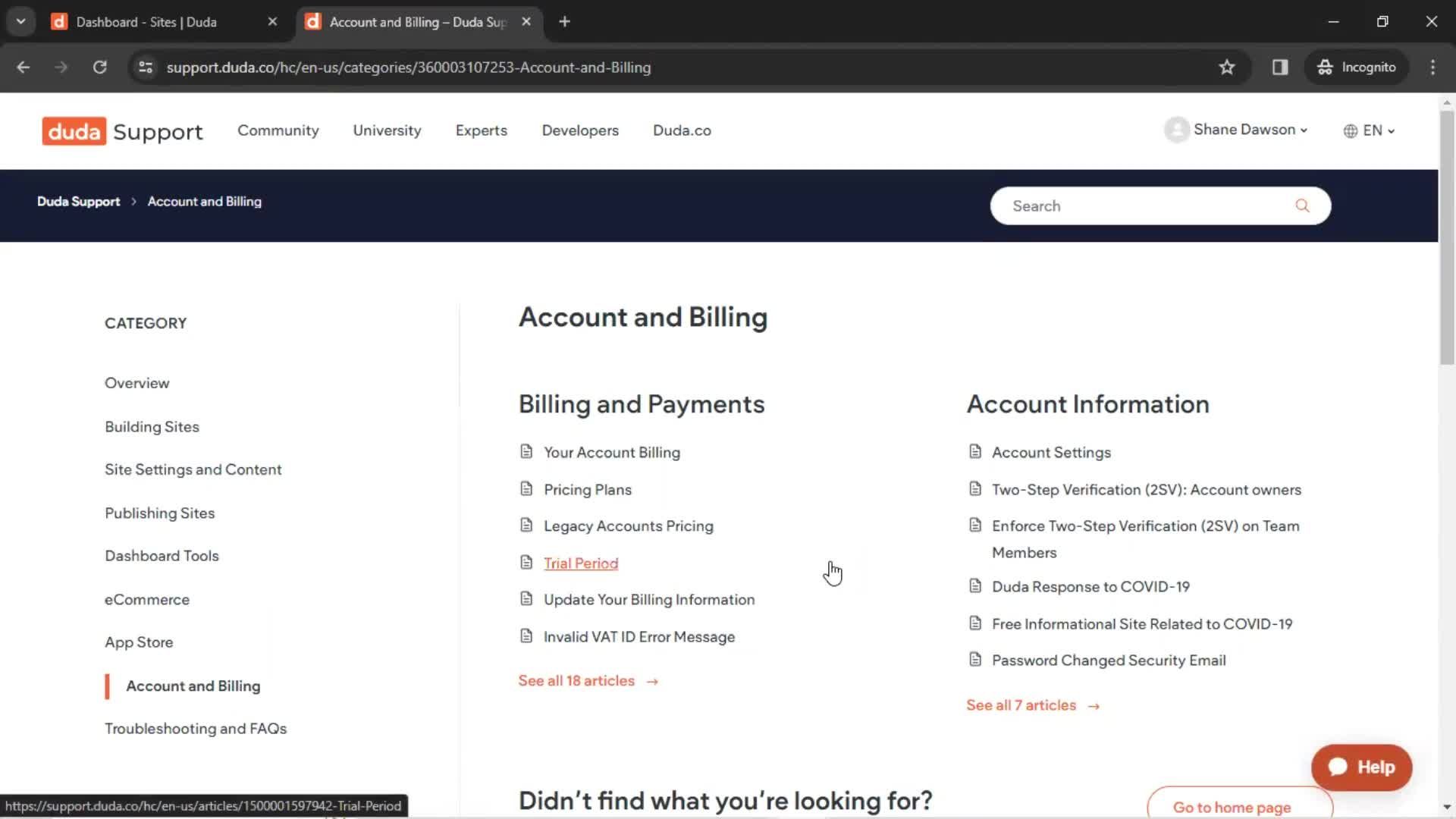Help center screenshot