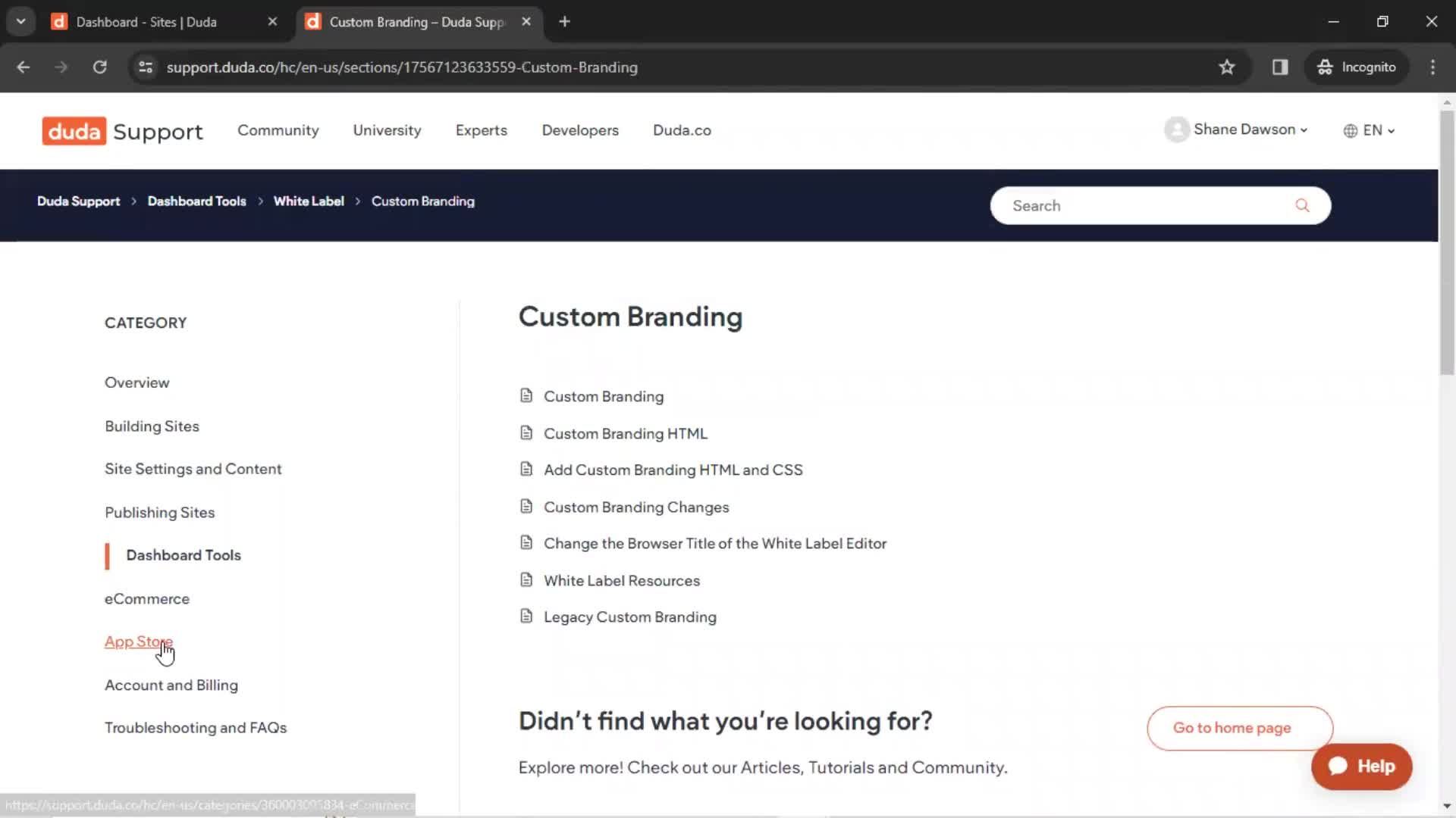 Help center screenshot