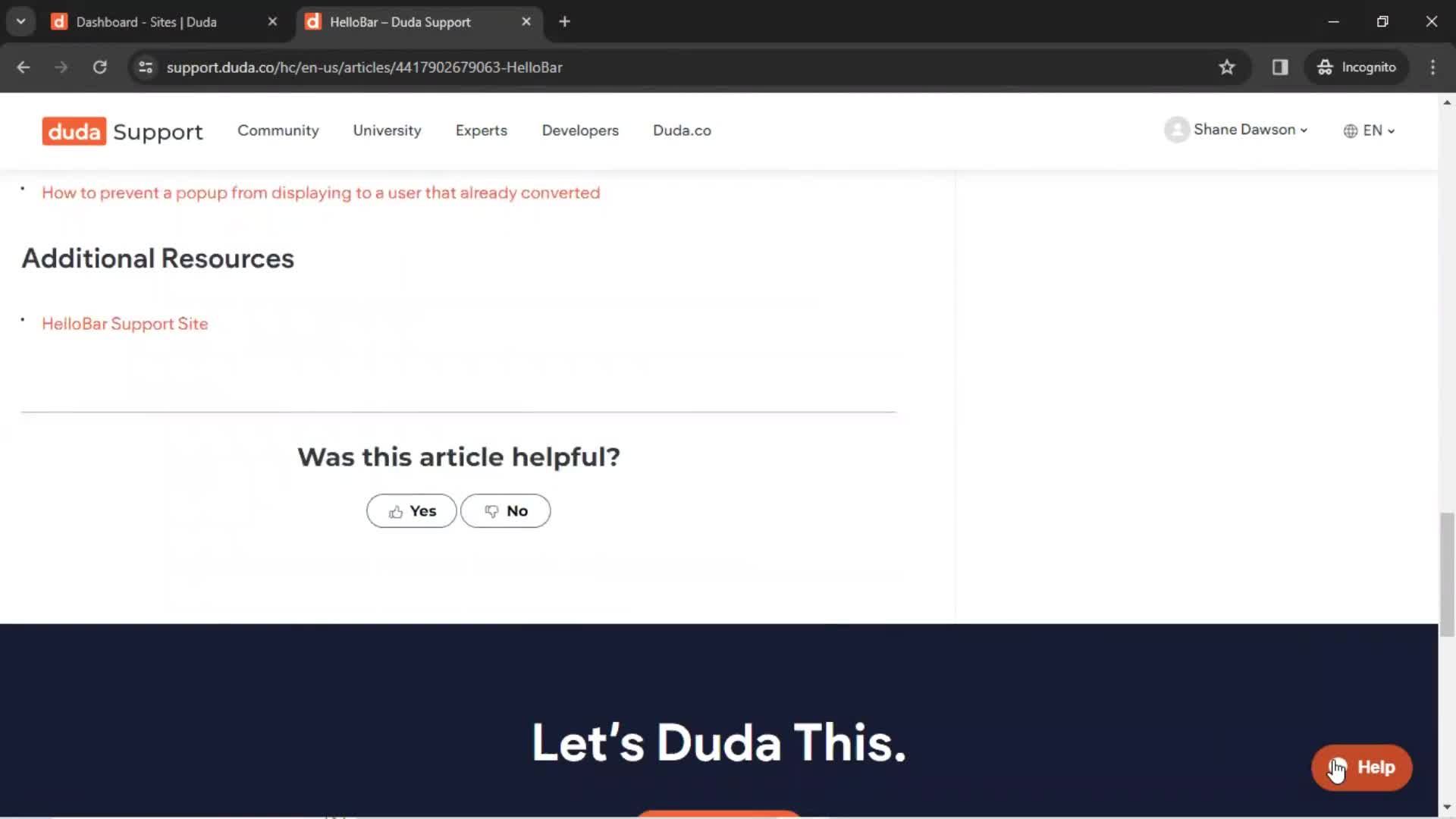 Help center screenshot