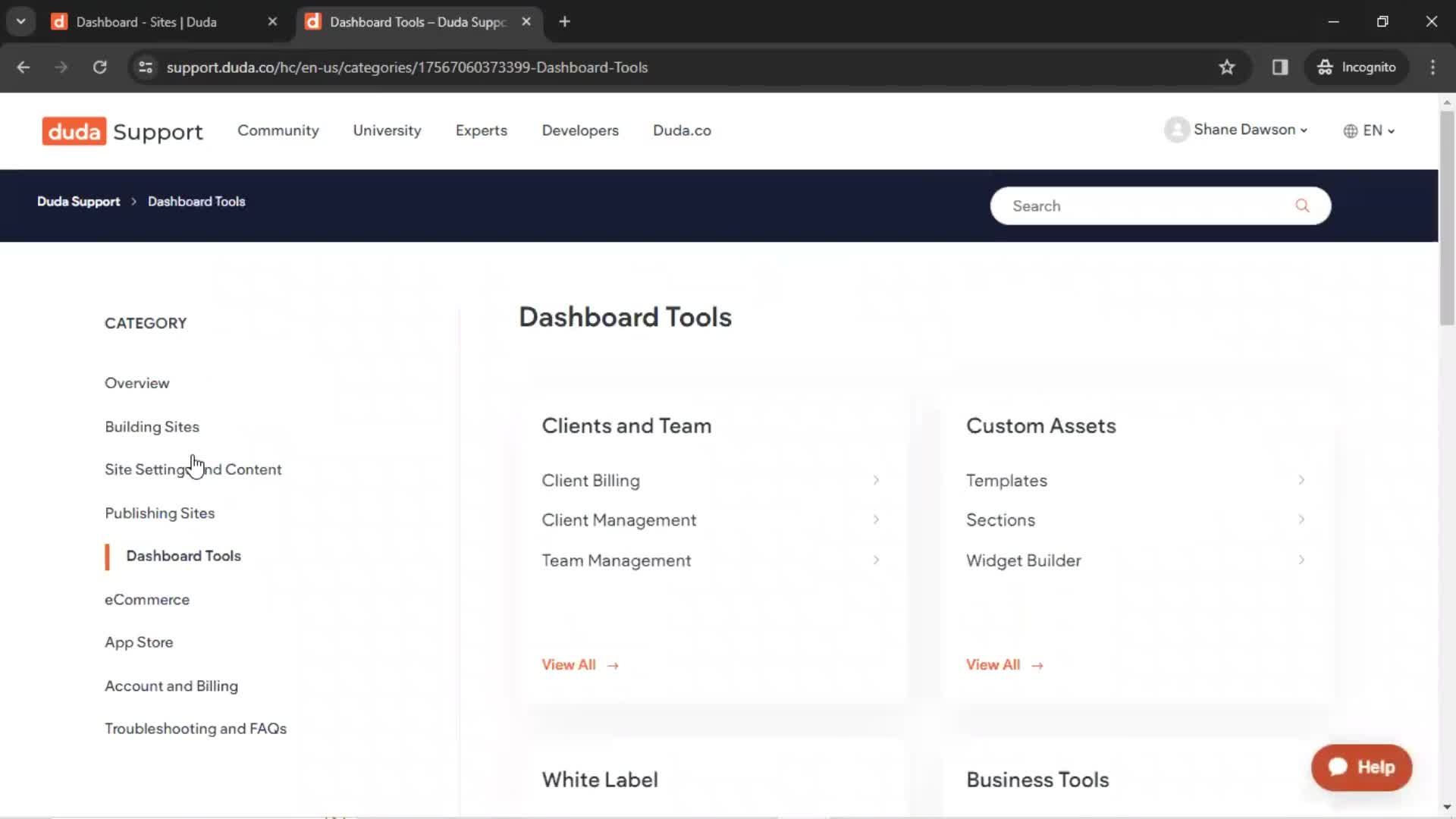 Help center screenshot
