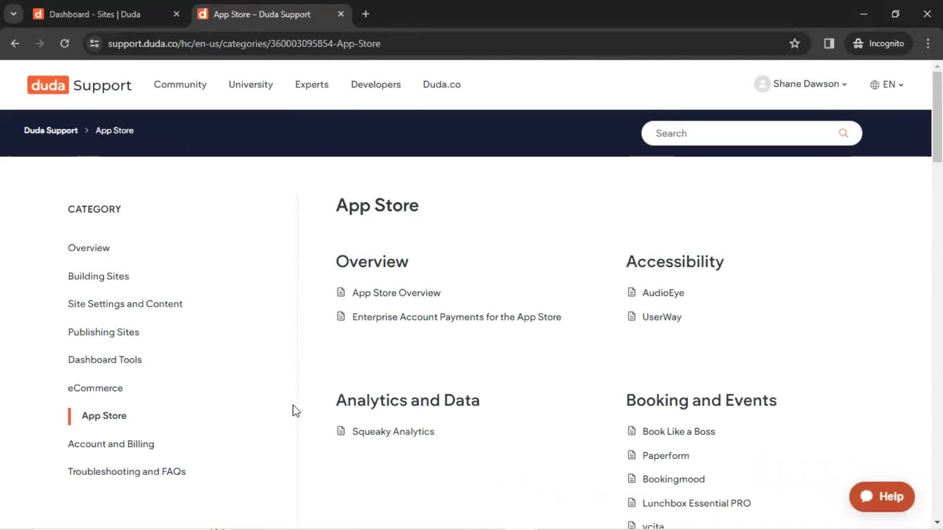 Help center screenshot